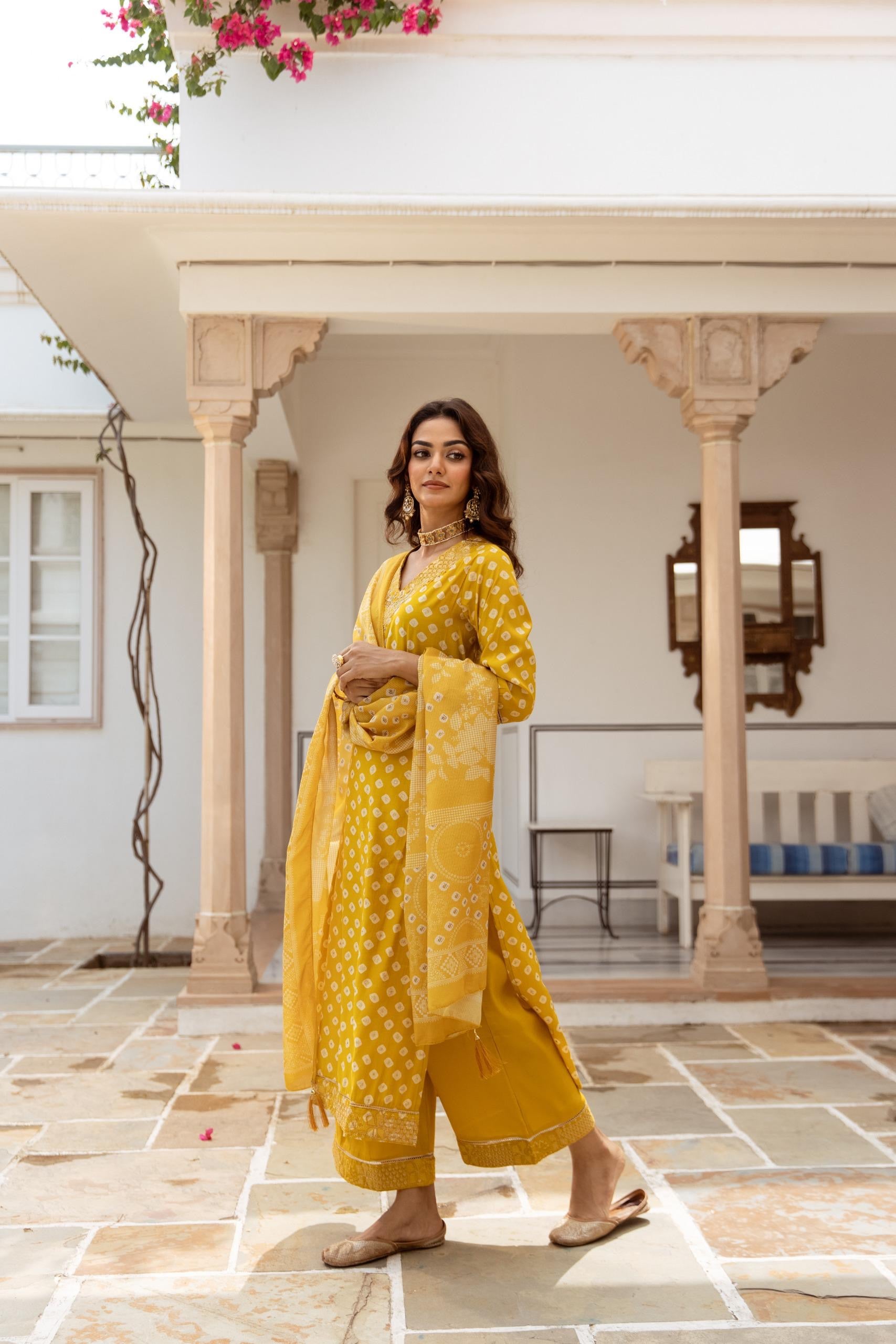 Miraya Muslin Bandhani embroidered Pant Set - The Jaipur Studio
