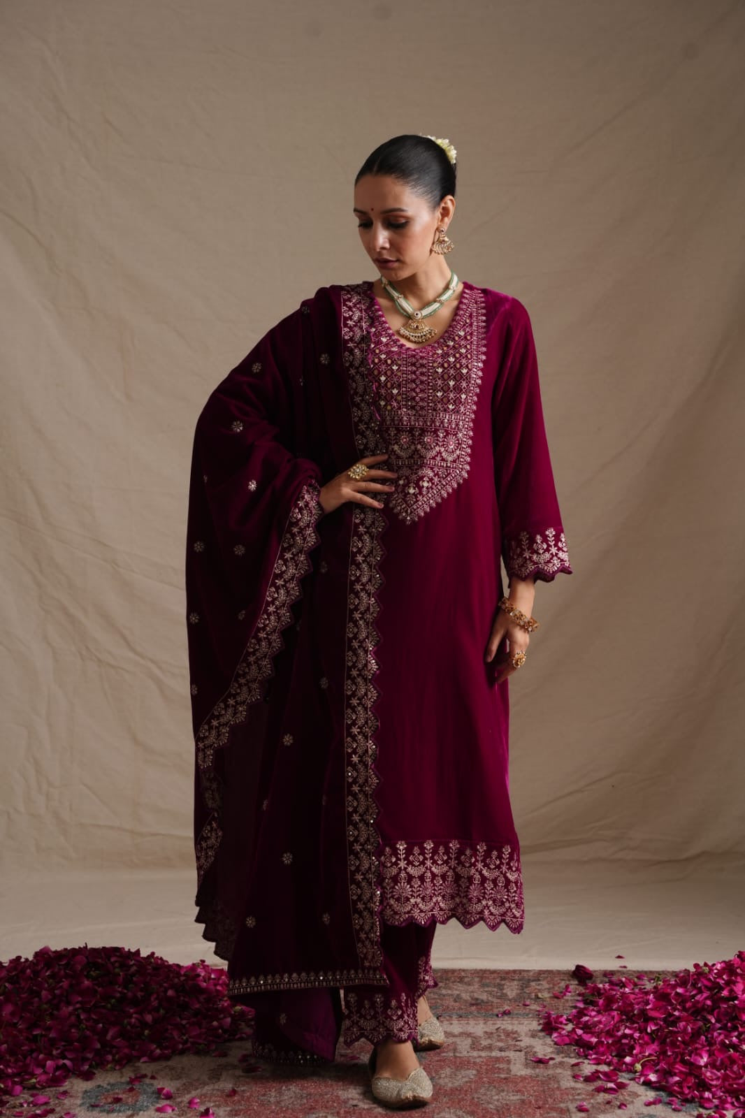 ’Makhmul’ Velvet Embroidered Pant Set - The Jaipur Studio