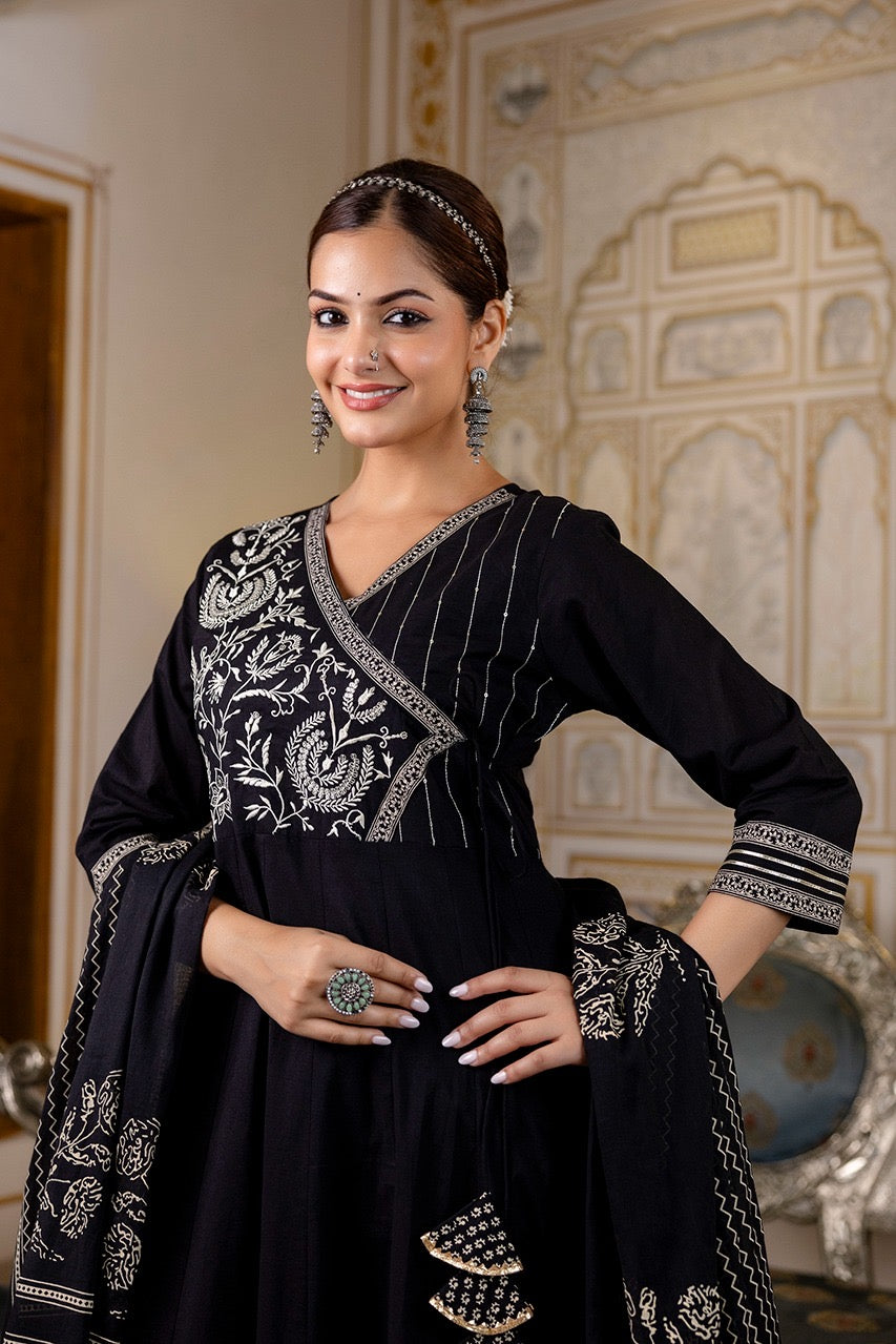 Cotton Angrakha Embroidered Festive Anarkali Set - The Jaipur Studio