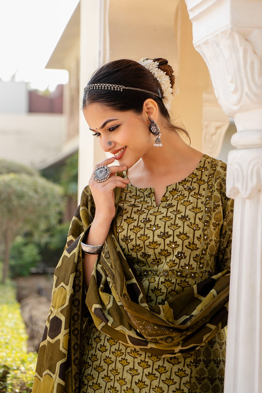 Anamika Cotton Ajrakh print Straight pant Set - The Jaipur Studio