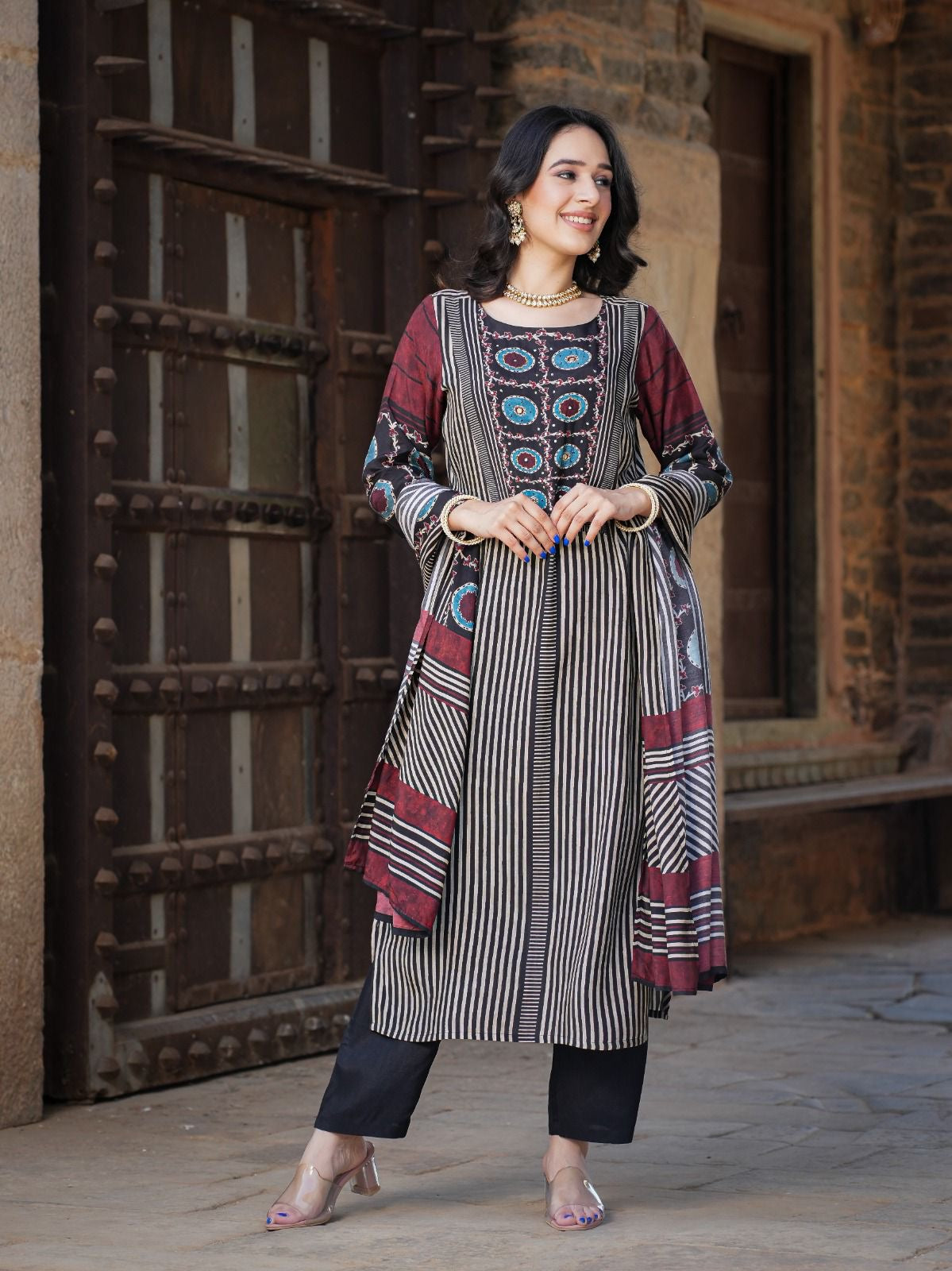 Muslin Batik Print Strips Embrodiered Pant Set - The Jaipur Studio
