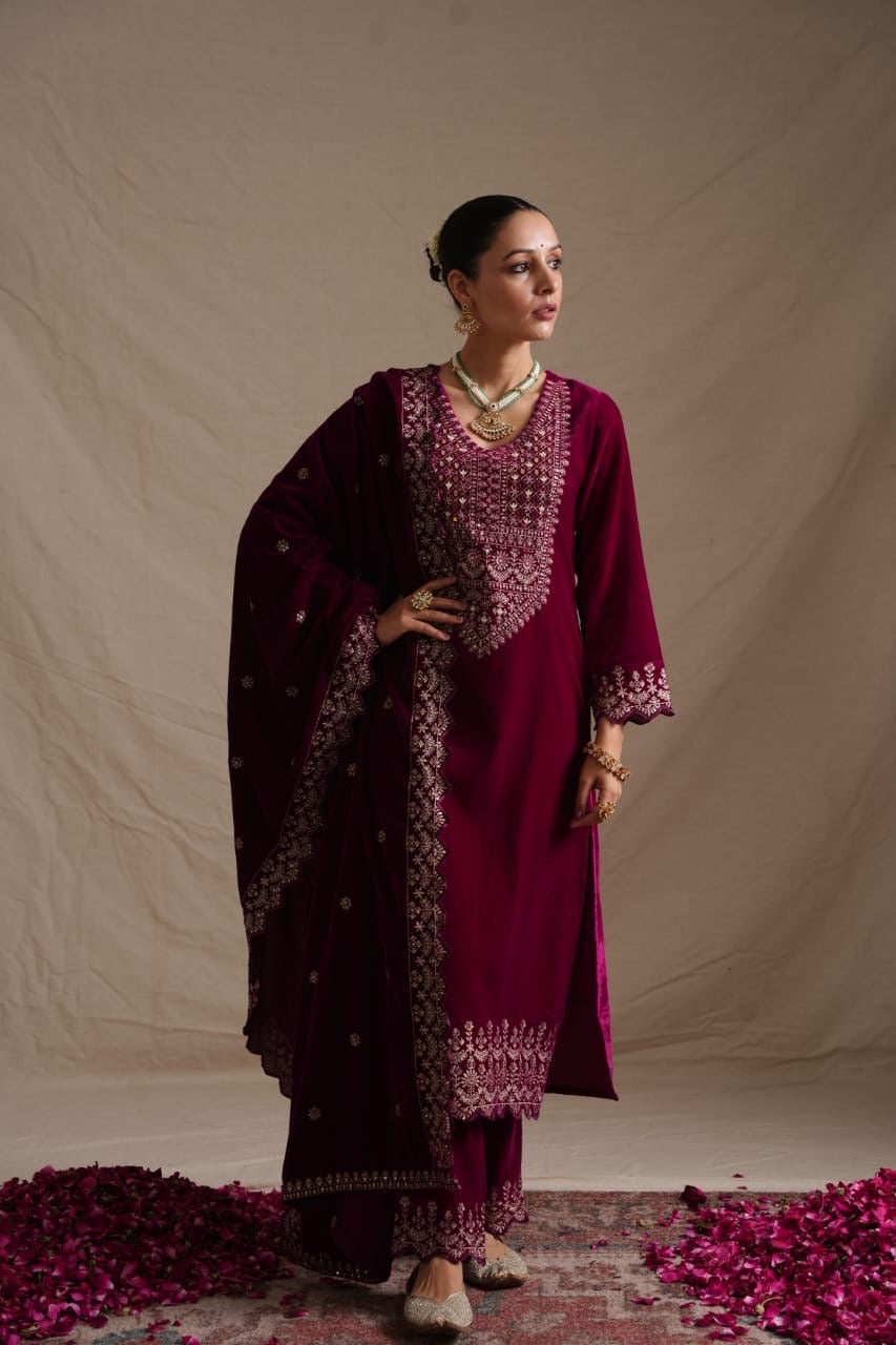 ’Makhmul’ Velvet Embroidered Pant Set - The Jaipur Studio
