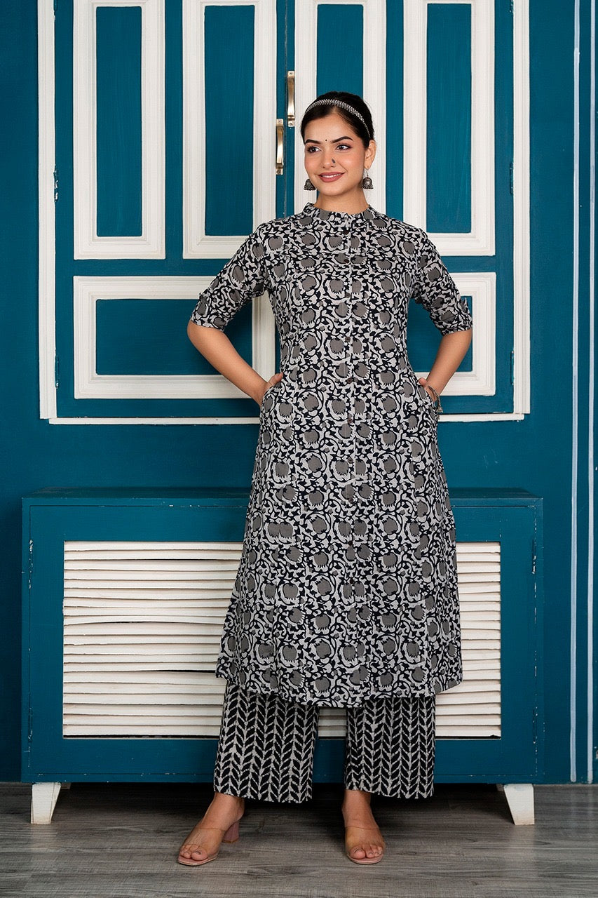 Grey Cotton Floral A-line Coord Set - The Jaipur Studio