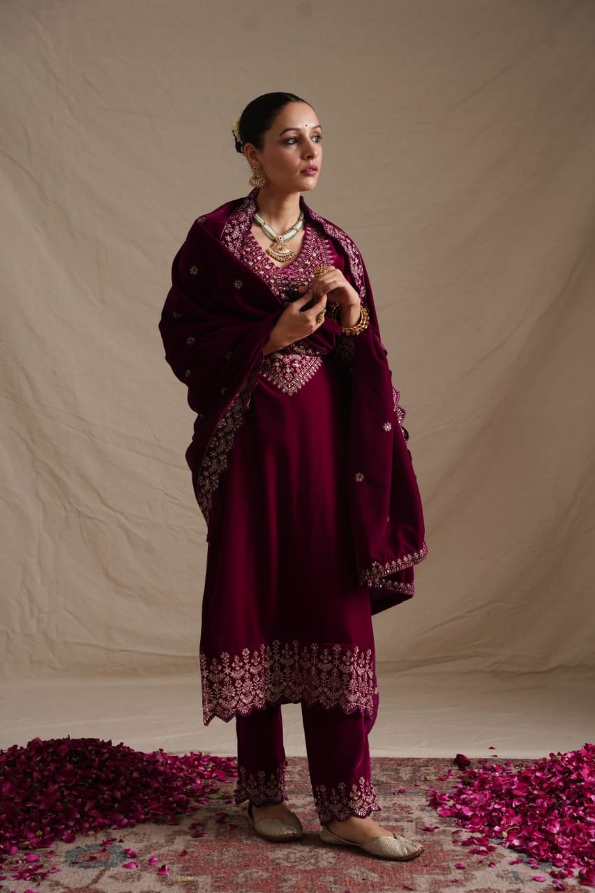 ’Makhmul’ Velvet Embroidered Pant Set - The Jaipur Studio