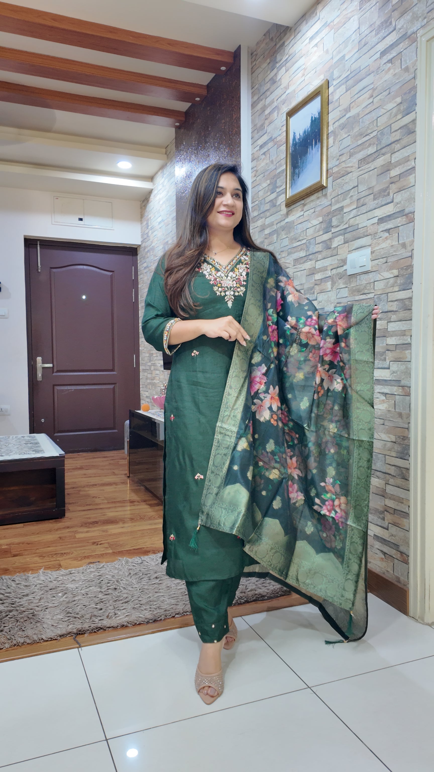 Green Silk Hand embroidered Pant Set - The Jaipur Studio