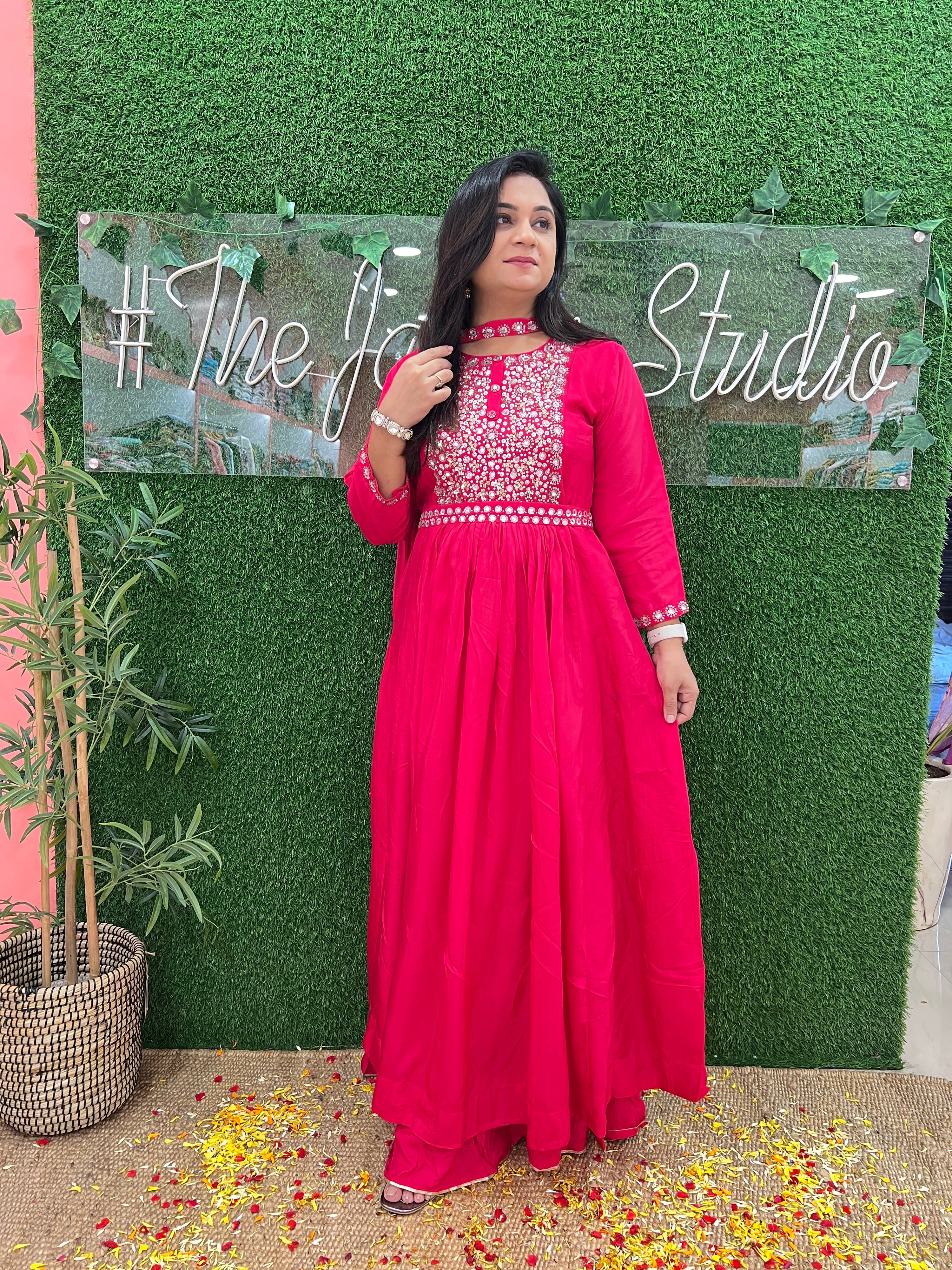 Seher Pink Hand Embroidered Muslin Long Gown - The Jaipur Studio