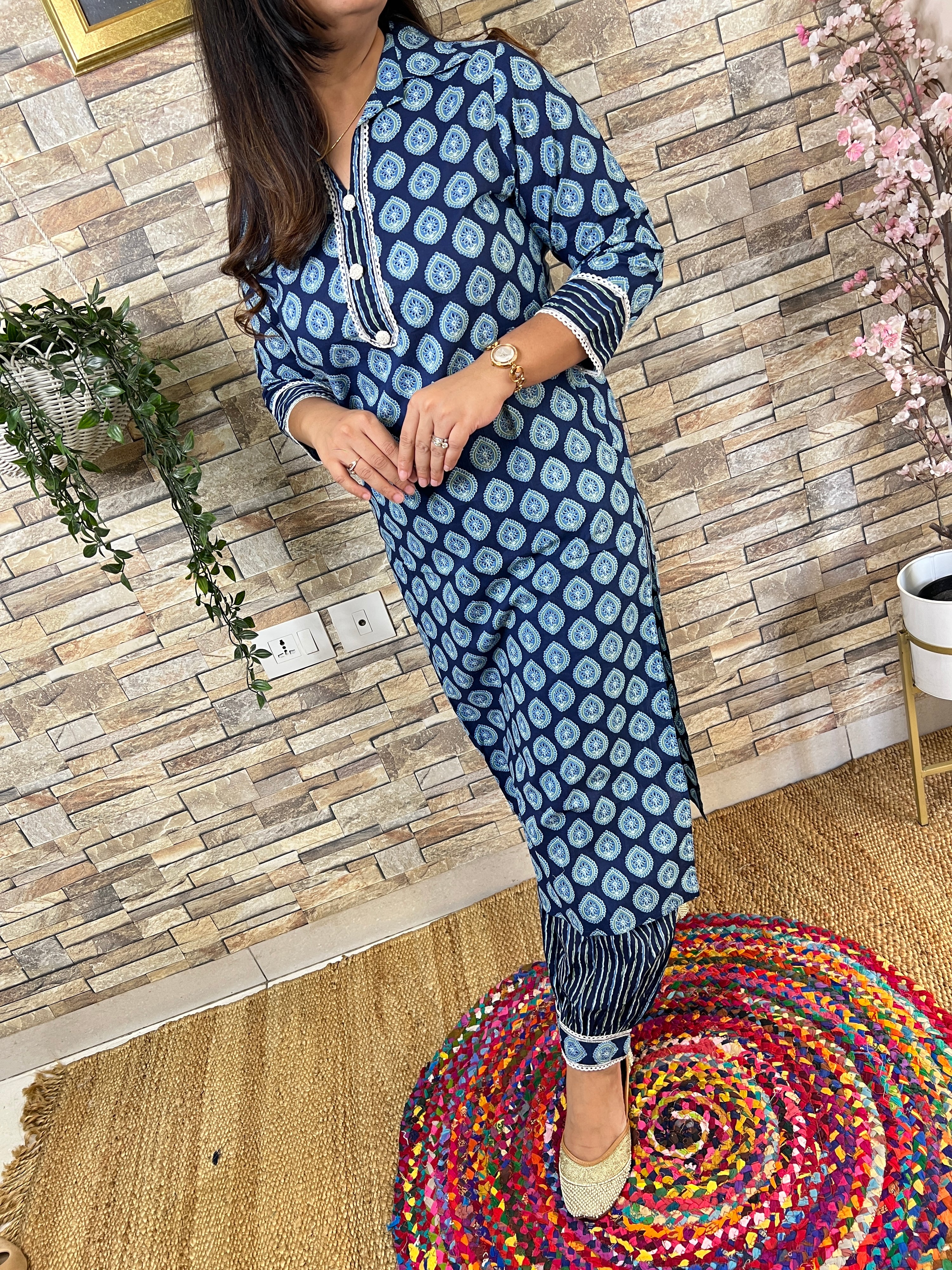 Indigo Cotton Afgani Set With Pockets - The Jaipur Studio