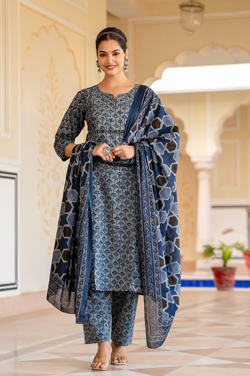 Anamika Cotton Ajrakh print Straight pant Set - The Jaipur Studio