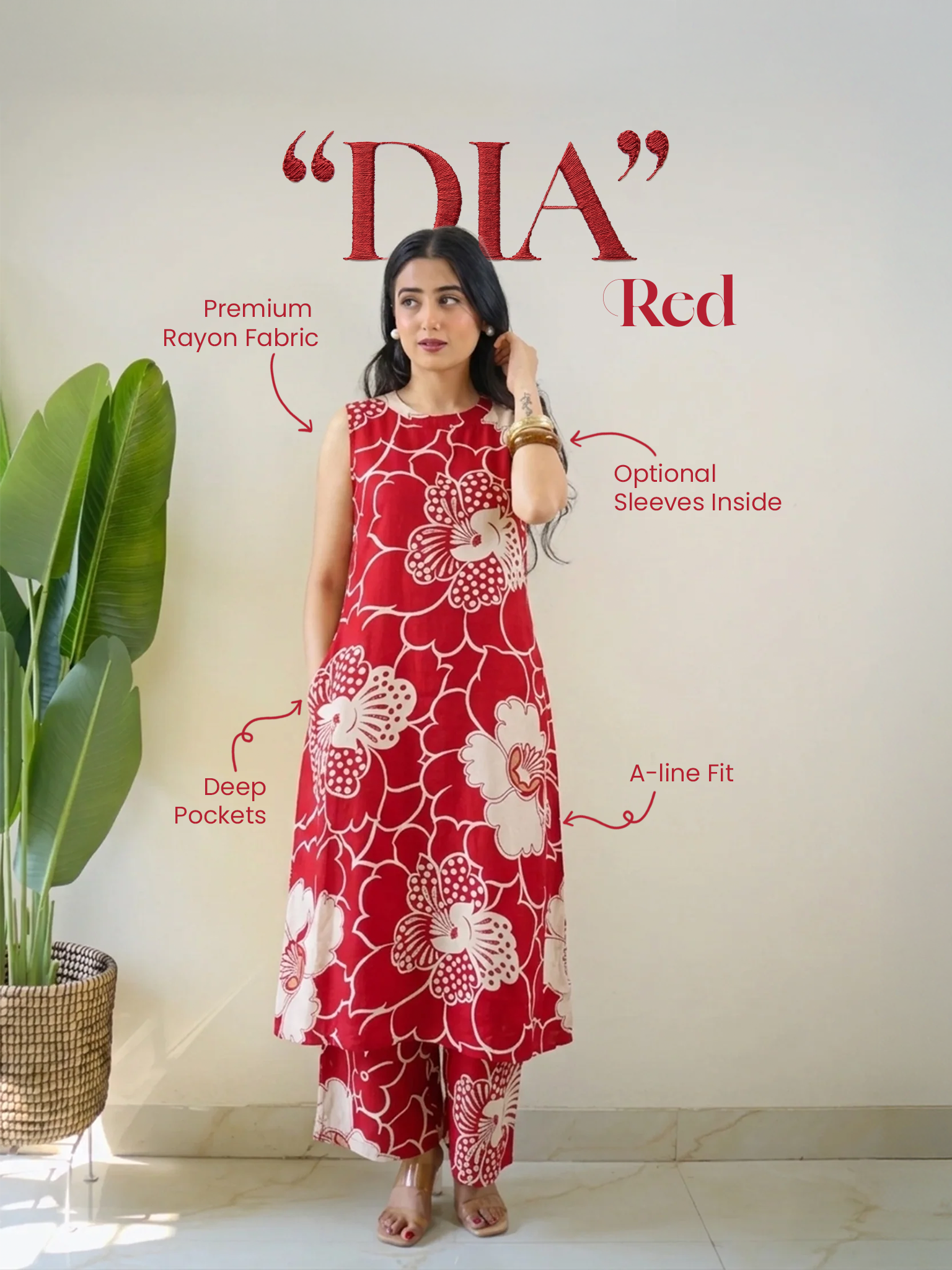 Dia Red Floral Rayon A-line Coord Set Dia Red Floral Rayon A-line Coord Set