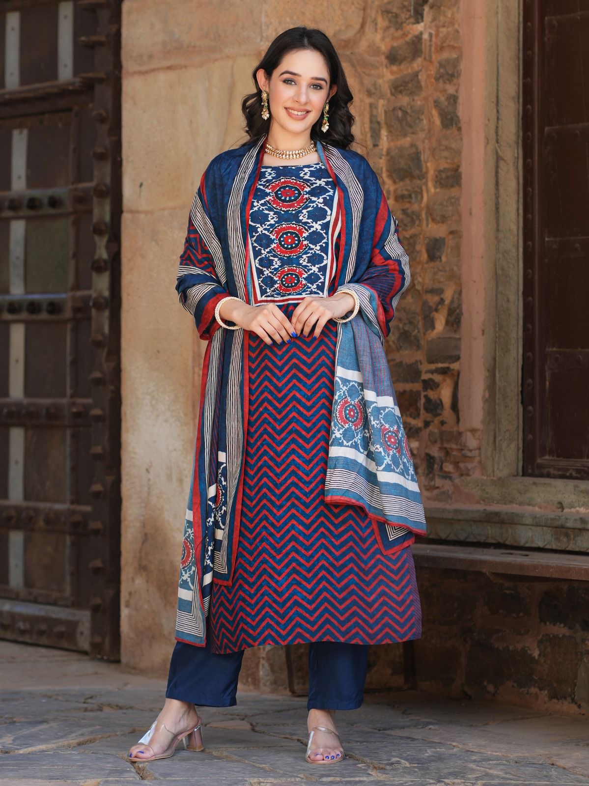 Muslin Batik Print Strips Embrodiered Pant Set - The Jaipur Studio