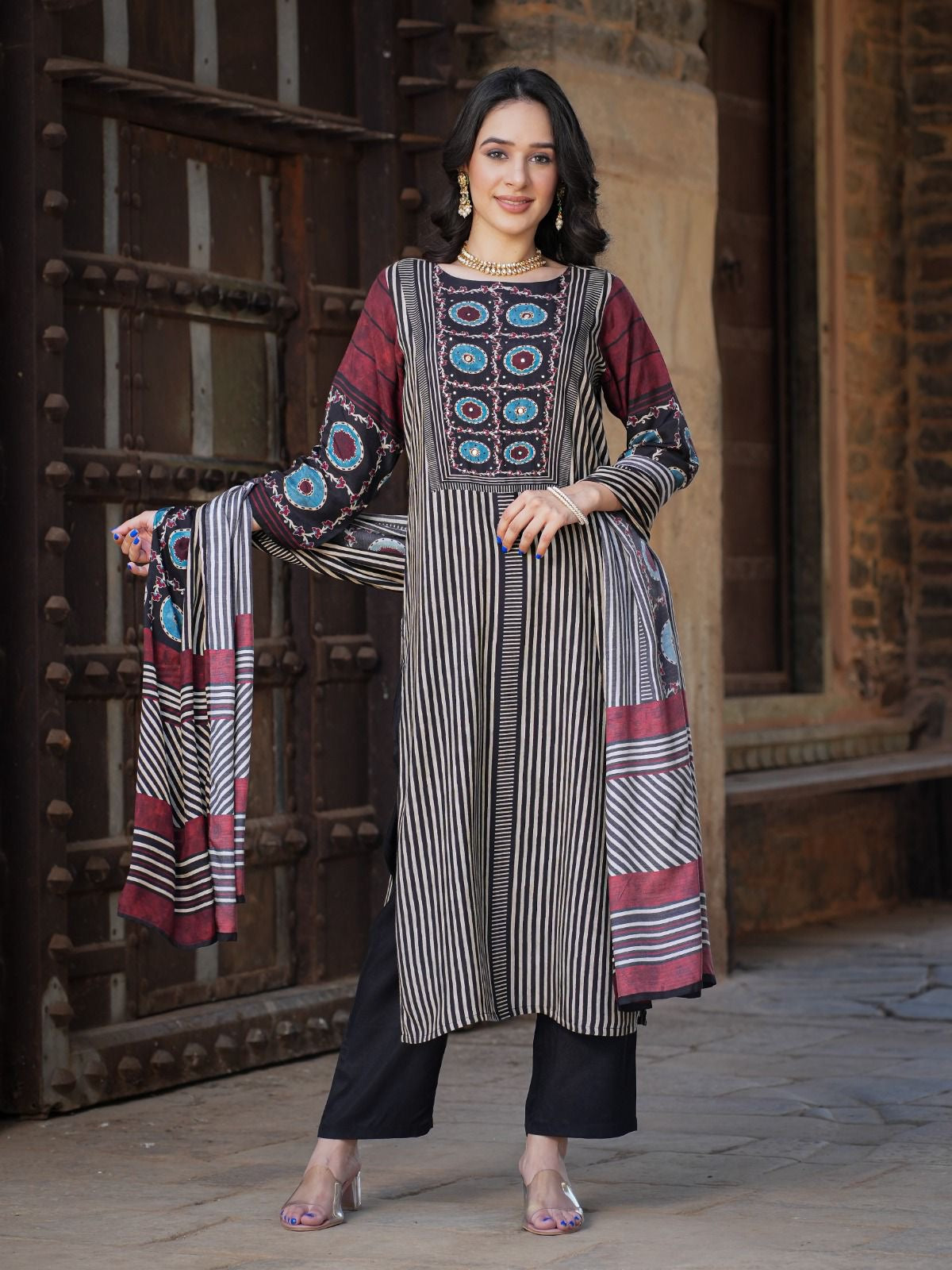 Muslin Batik Print Strips Embrodiered Pant Set - The Jaipur Studio
