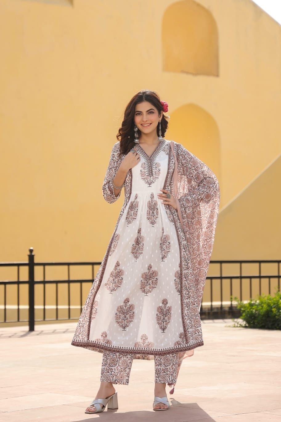Kaira Premium Cotton Embroidered Anarkali Pant Set - The Jaipur Studio