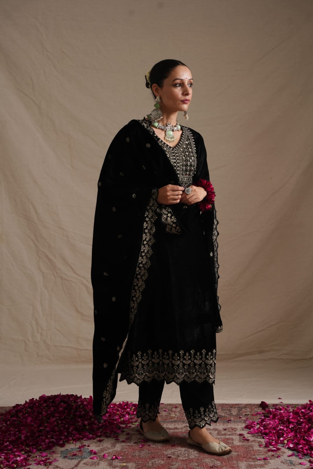 ’Makhmul’ Velvet Embroidered Pant Set - The Jaipur Studio