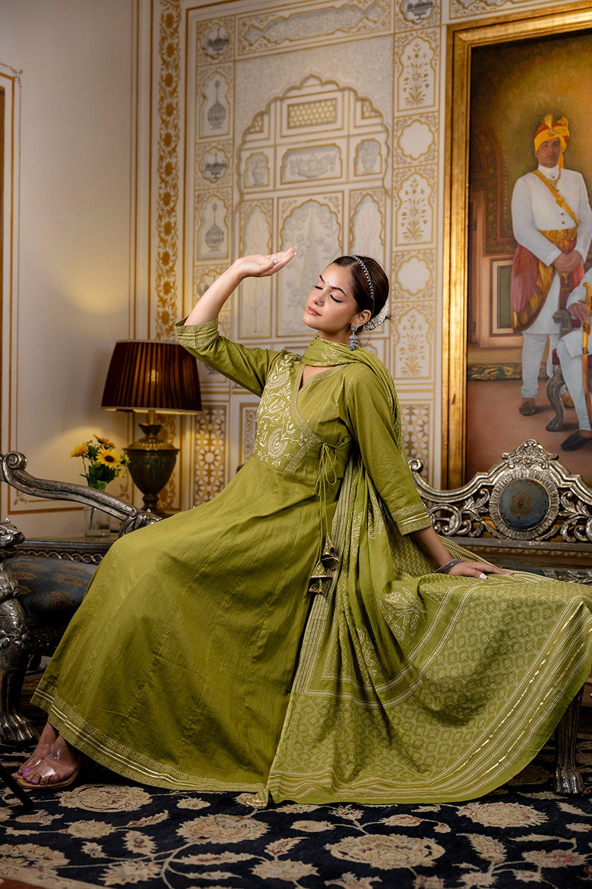 Cotton Angrakha Embroidered Festive Anarkali Set - The Jaipur Studio