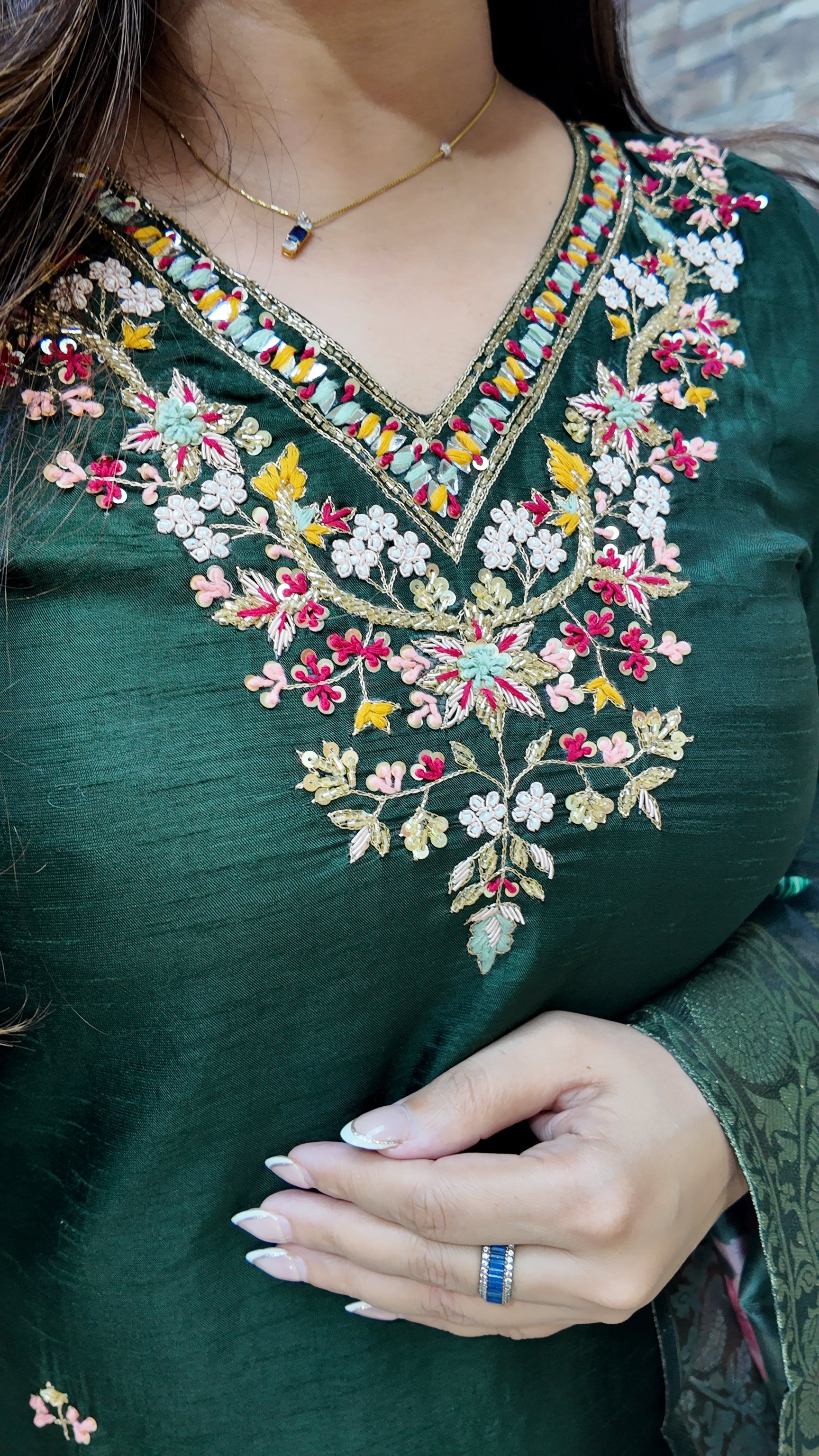 Green Silk Hand embroidered Pant Set - The Jaipur Studio