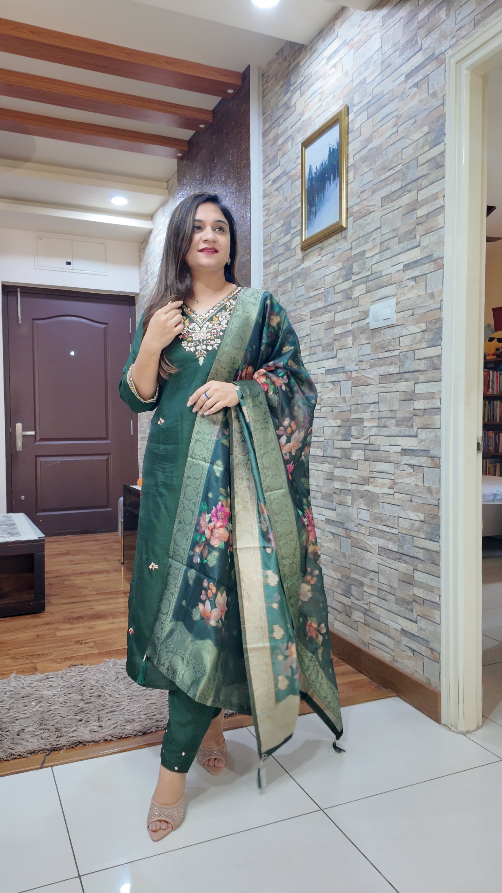 Green Silk Hand embroidered Pant Set - The Jaipur Studio