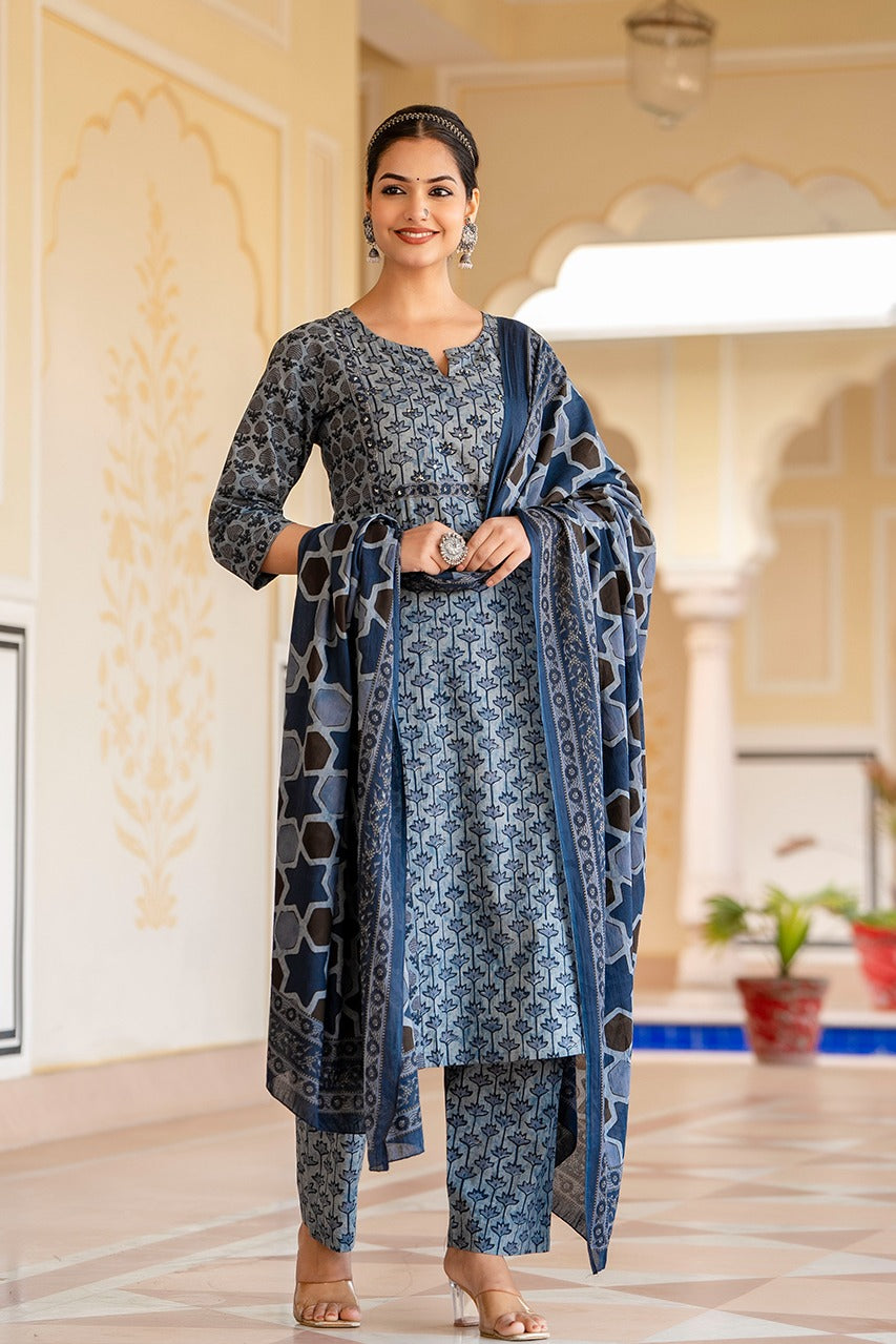 Anamika Cotton Ajrakh print Straight pant Set - The Jaipur Studio