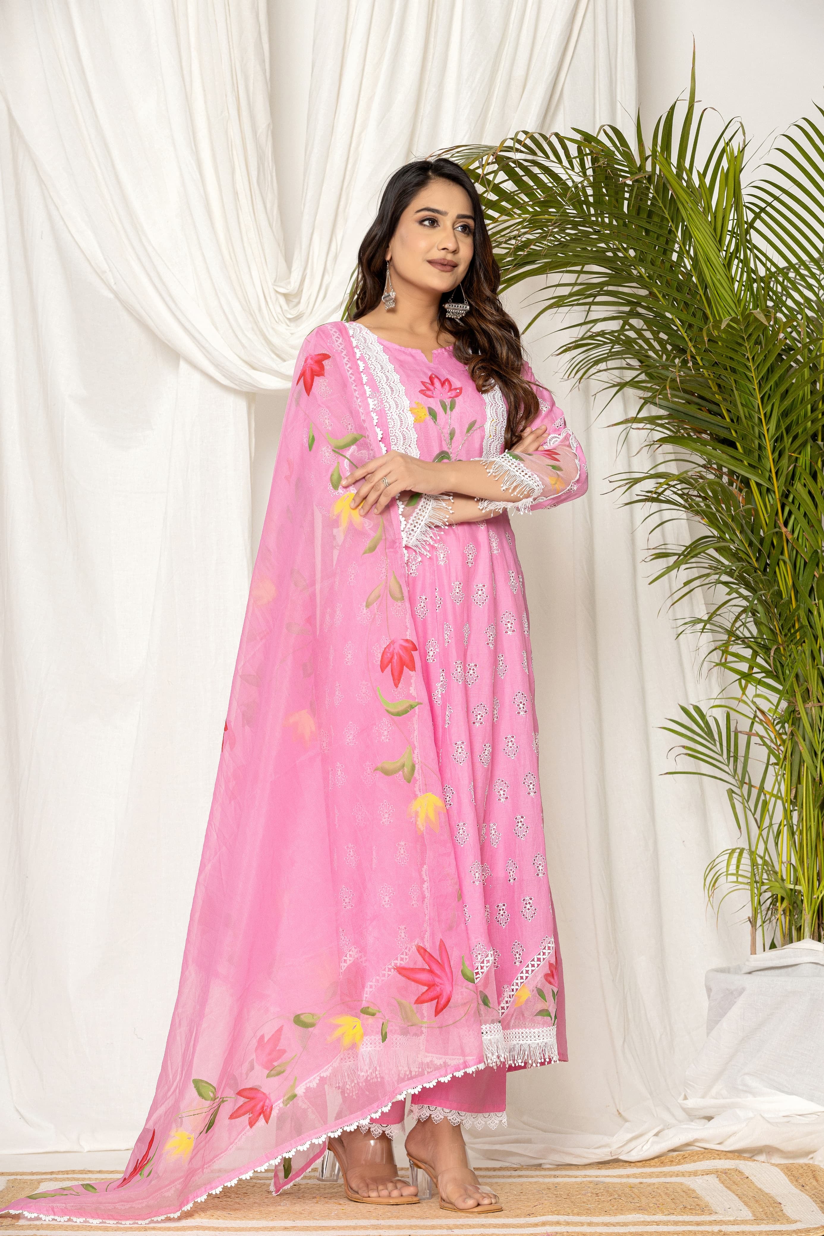 Adya Cotton Schiffli Hand Brush Painted Anarkali Set - The Jaipur Studio