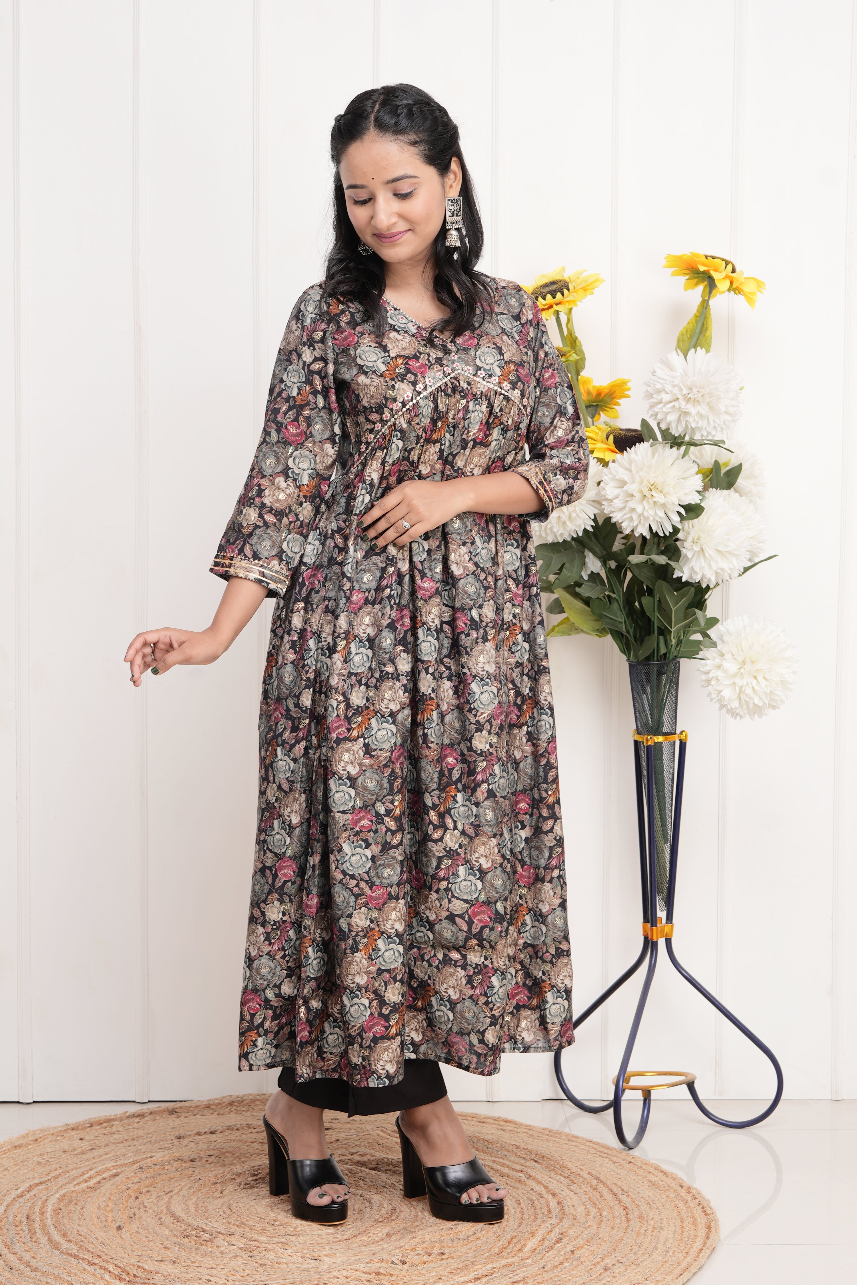 Floral Print Muslin Embroidered Alia Cut Pant Set - The Jaipur Studio