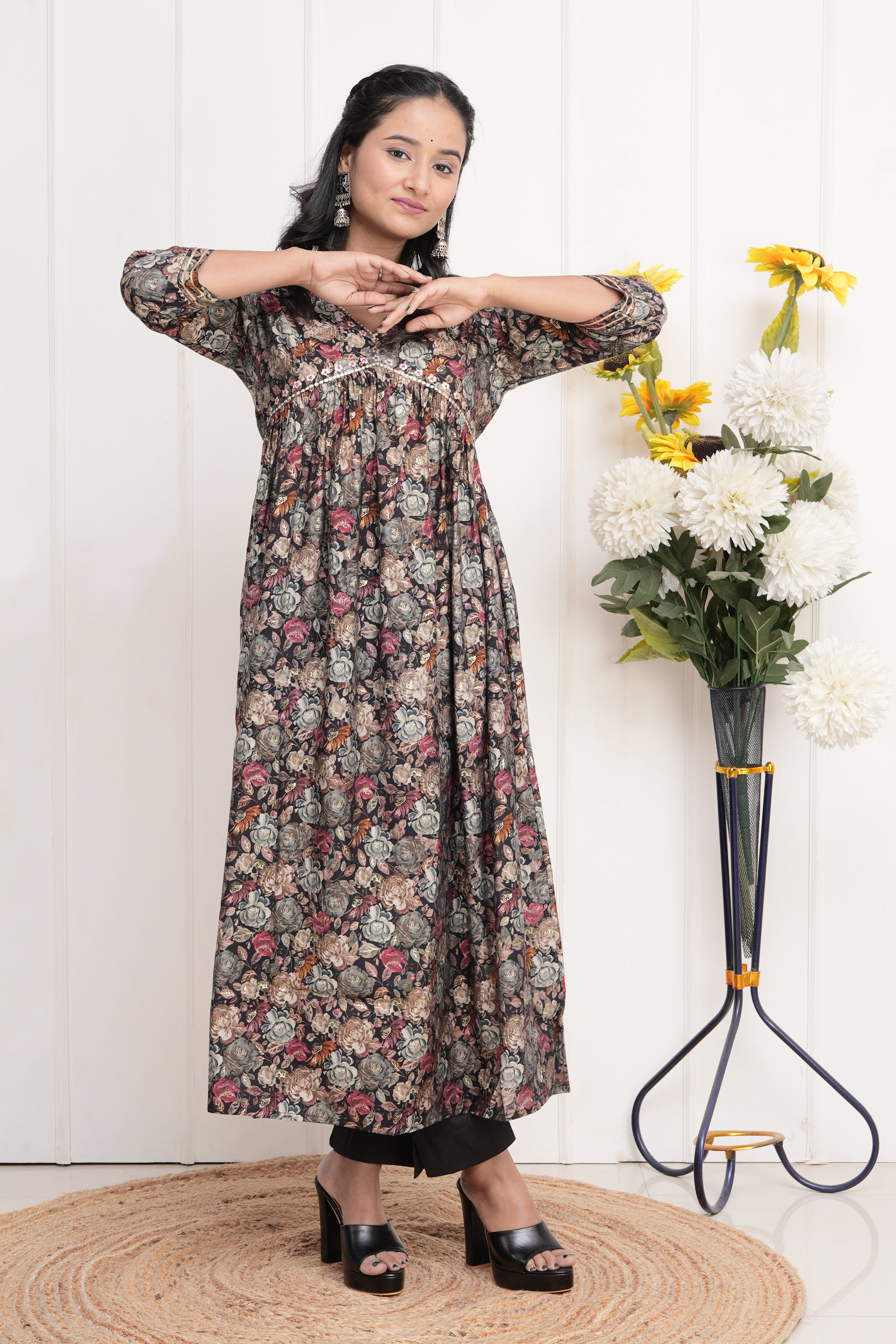 Floral Print Muslin Embroidered Alia Cut Pant Set - The Jaipur Studio