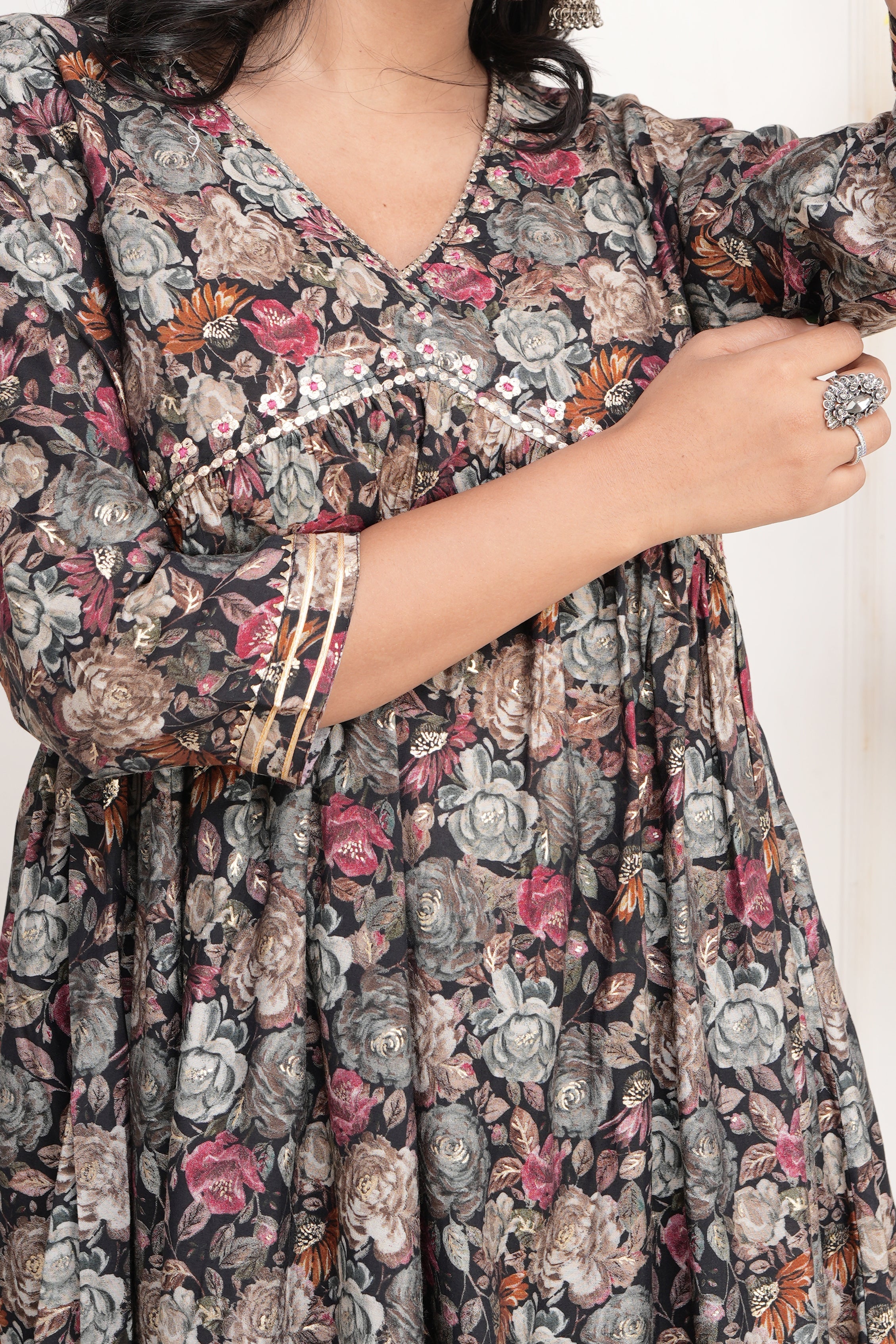 Floral Print Muslin Embroidered Alia Cut Pant Set - The Jaipur Studio