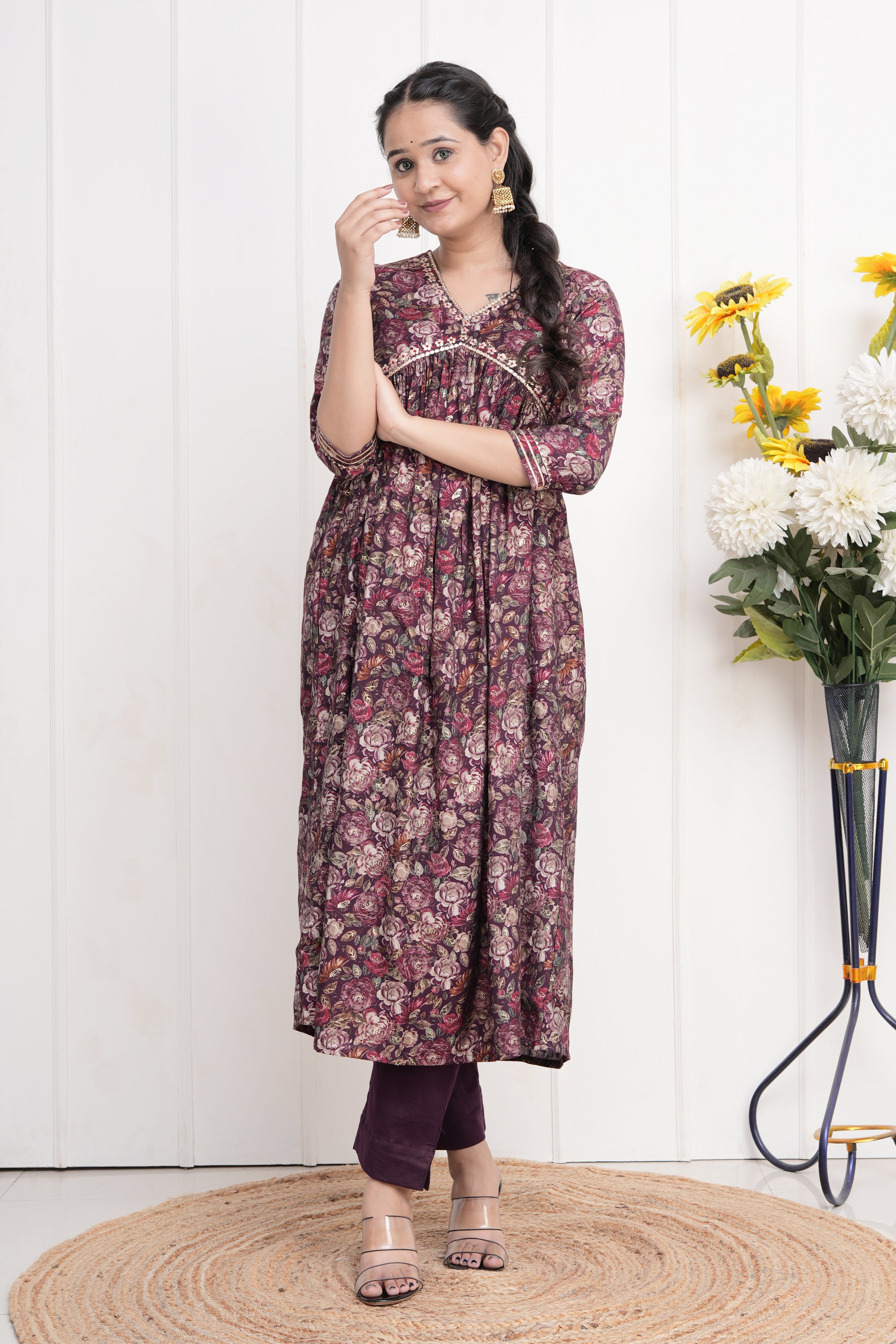 Floral Print Muslin Embroidered Alia Cut Pant Set - The Jaipur Studio