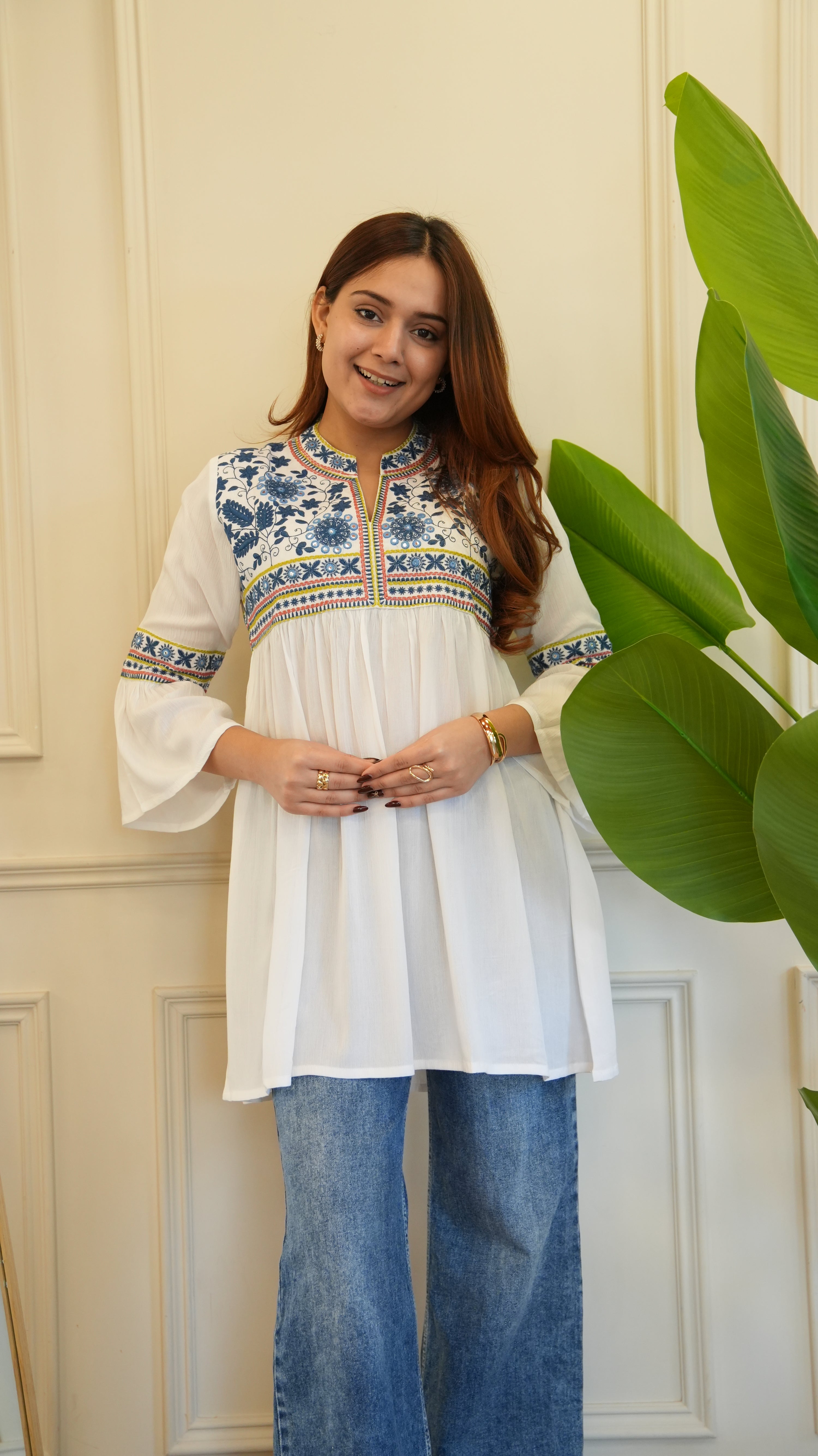 Tara Cotton Embroidered Casual Short Top - The Jaipur Studio