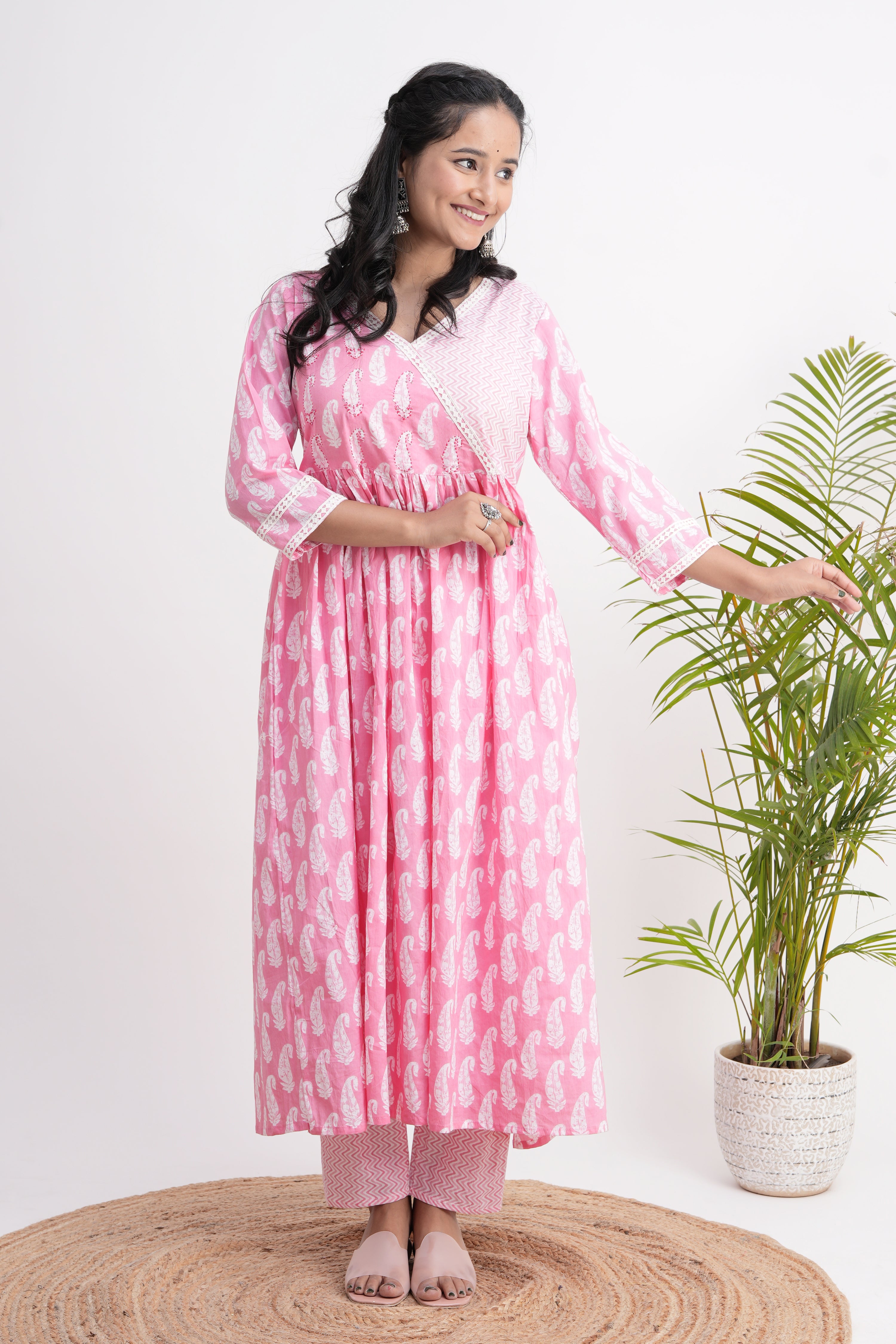 Cotton Handblock Lace Detailed Anarkali Set - The Jaipur Studio