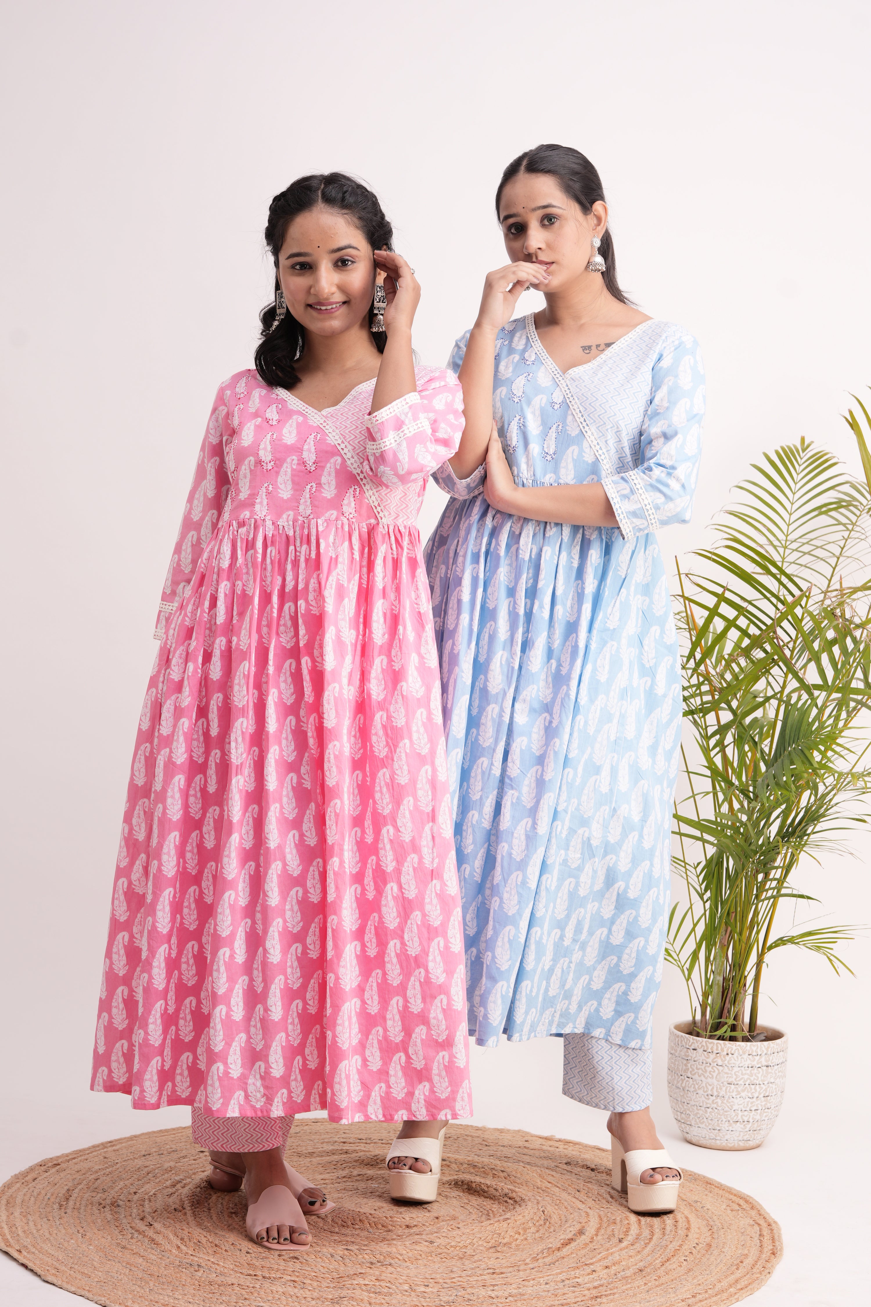 Cotton Handblock Lace Detailed Anarkali Set - The Jaipur Studio