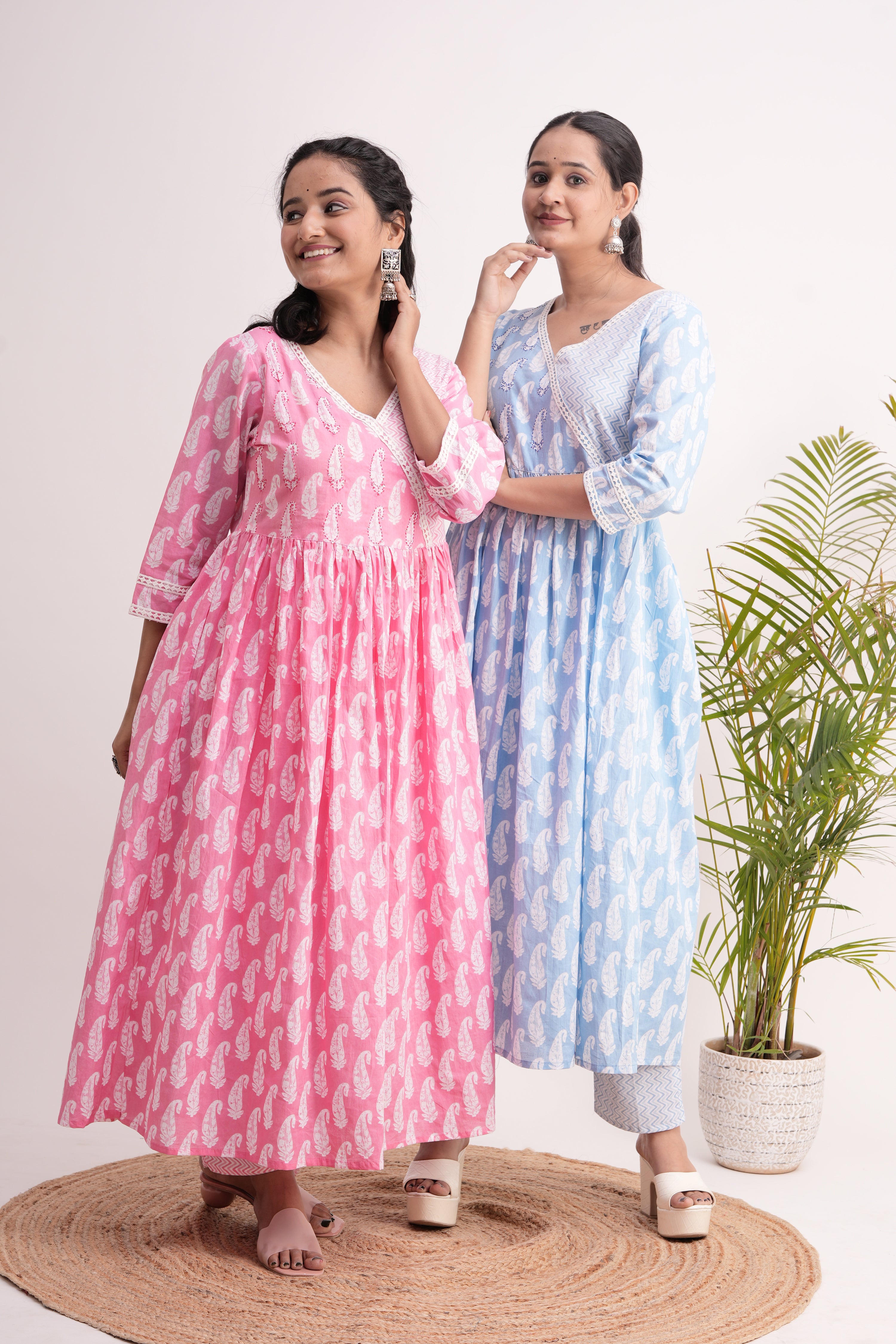 Cotton Handblock Lace Detailed Anarkali Set - The Jaipur Studio