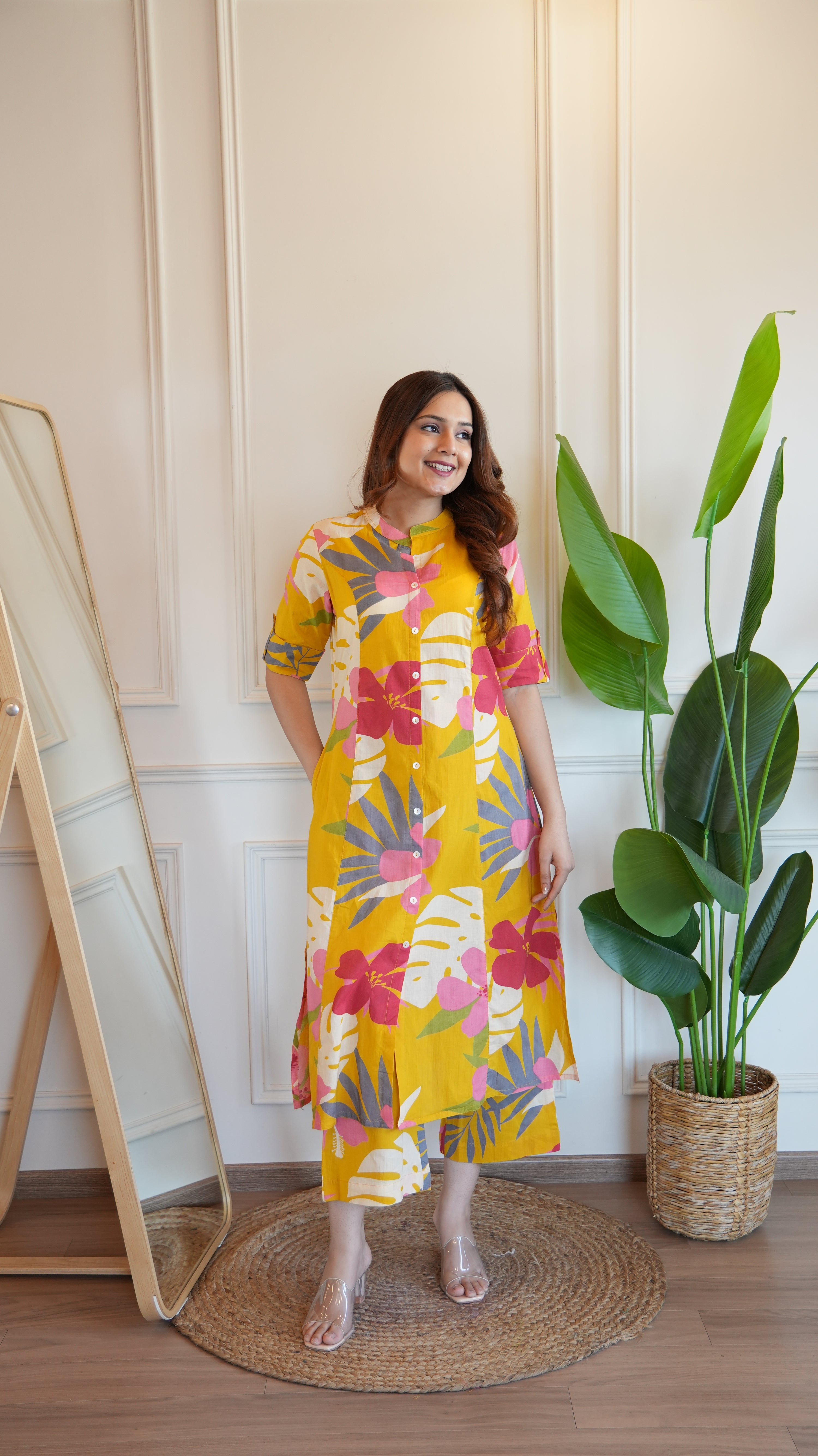 Yellow Floral Cotton A-line Coord Set - The Jaipur Studio