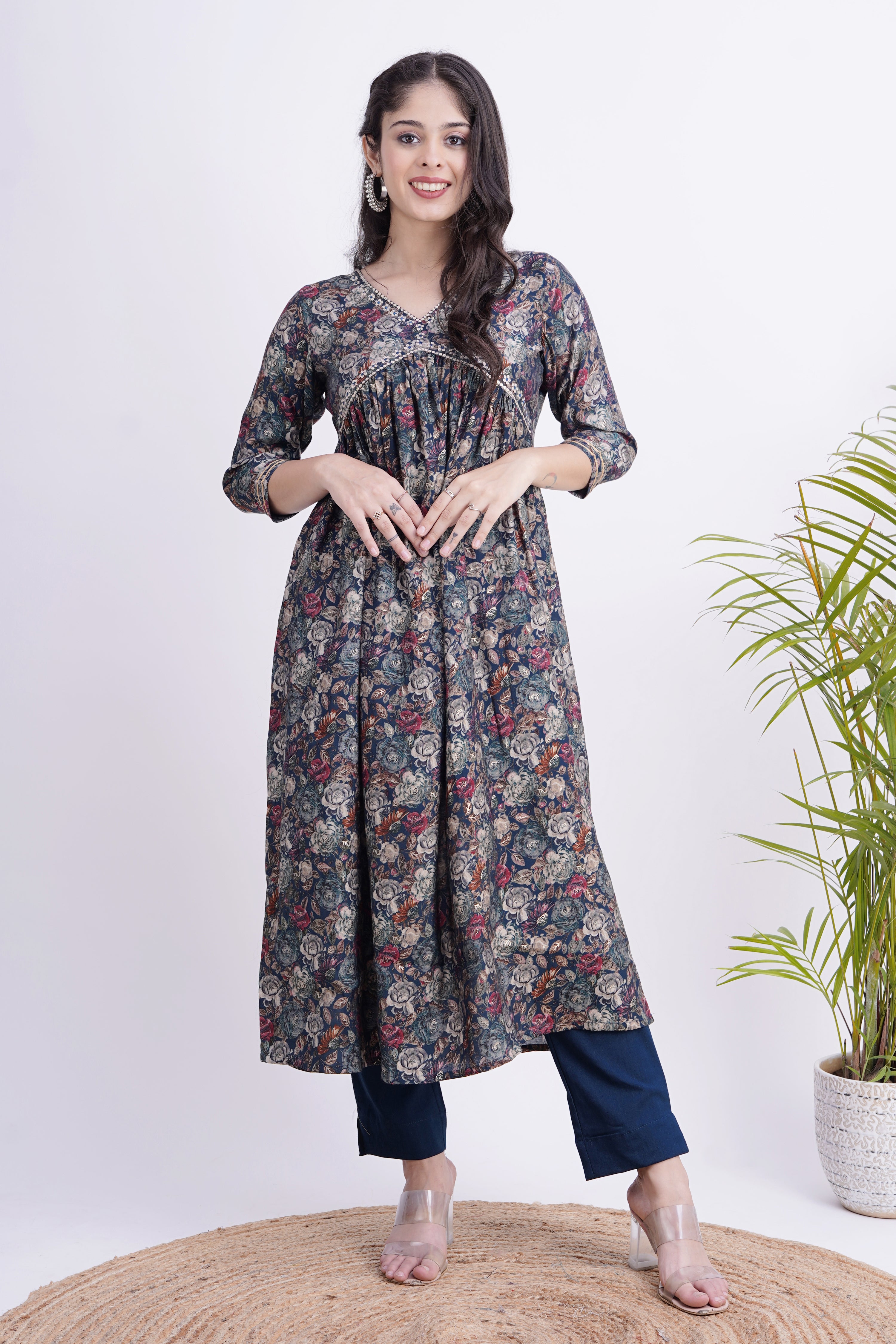 Floral Print Muslin Embroidered Alia Cut Pant Set - The Jaipur Studio