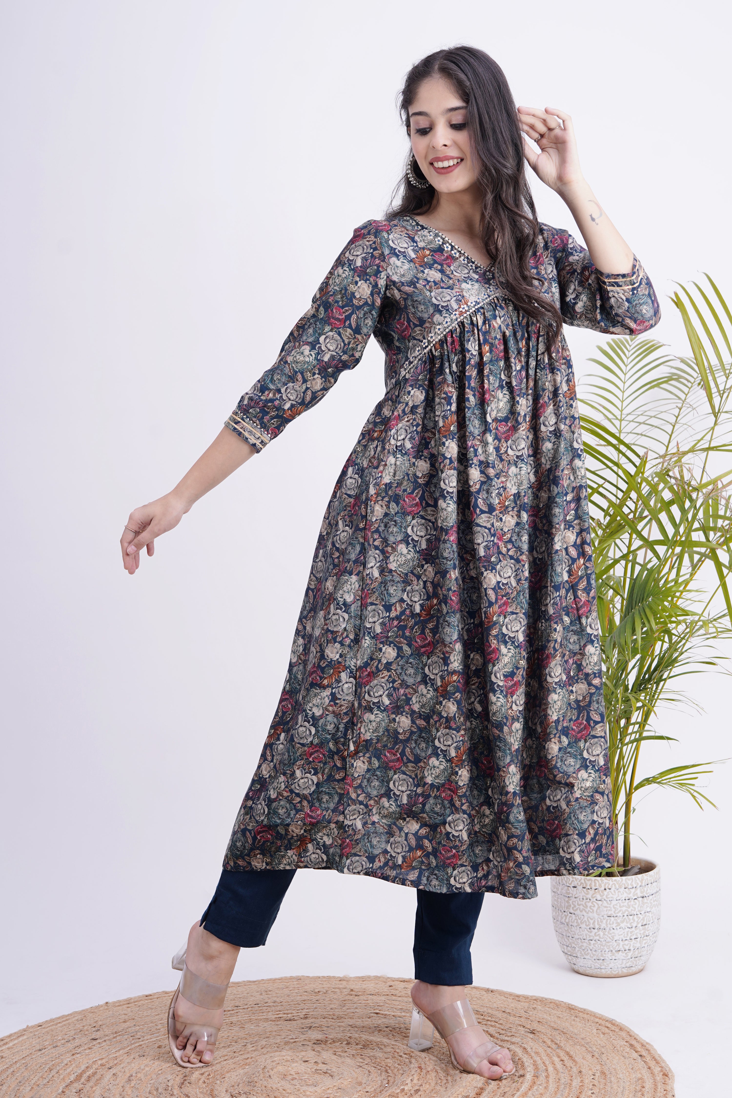 Floral Print Muslin Embroidered Alia Cut Pant Set - The Jaipur Studio