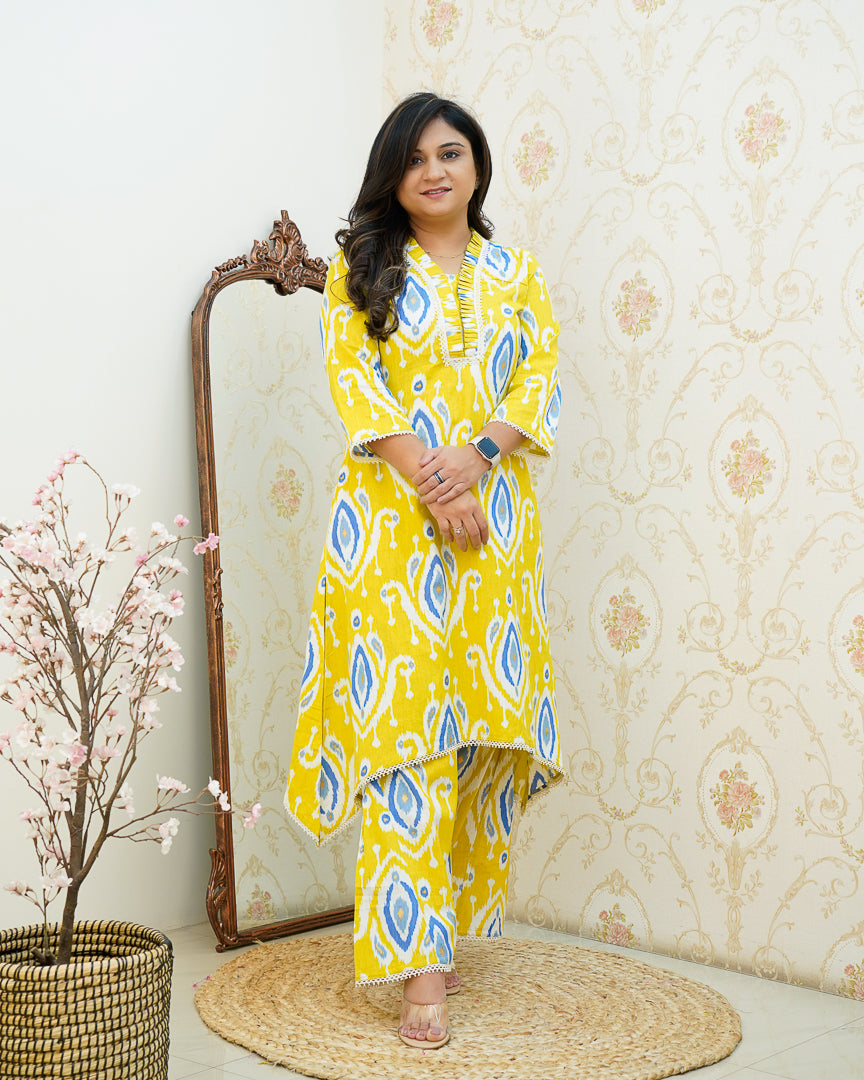 Ikkat Cotton Asymmetric A-line Casual Coord Set - The Jaipur Studio