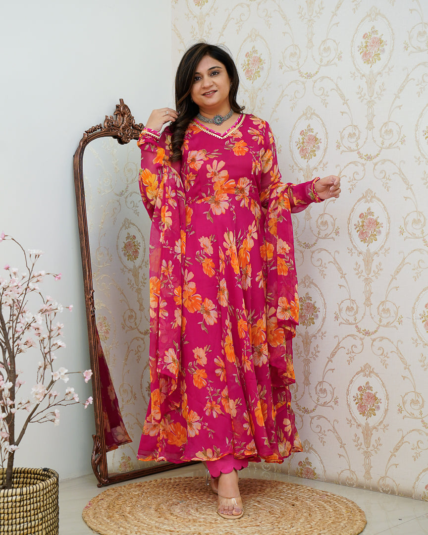 Pink Poppy Floral Chiffon Anarkali Set - The Jaipur Studio