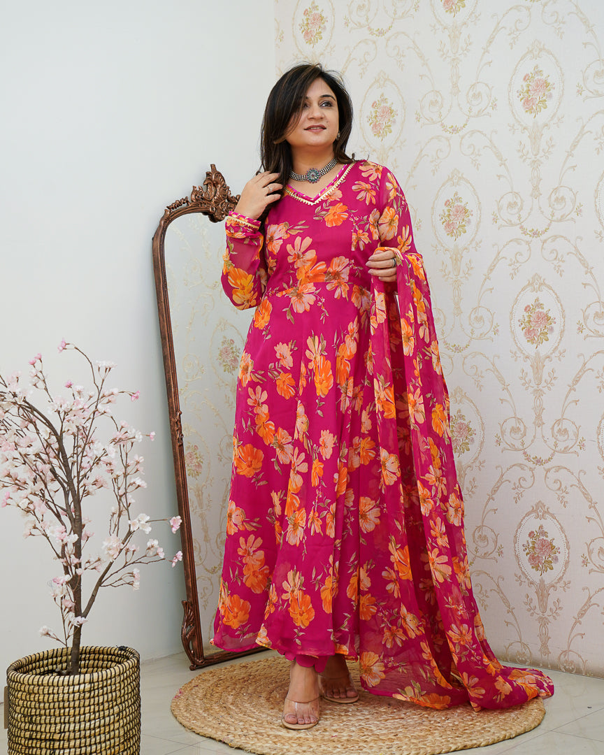 Pink Poppy Floral Chiffon Anarkali Set - The Jaipur Studio