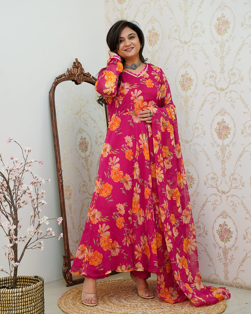 Pink Poppy Floral Chiffon Anarkali Set - The Jaipur Studio