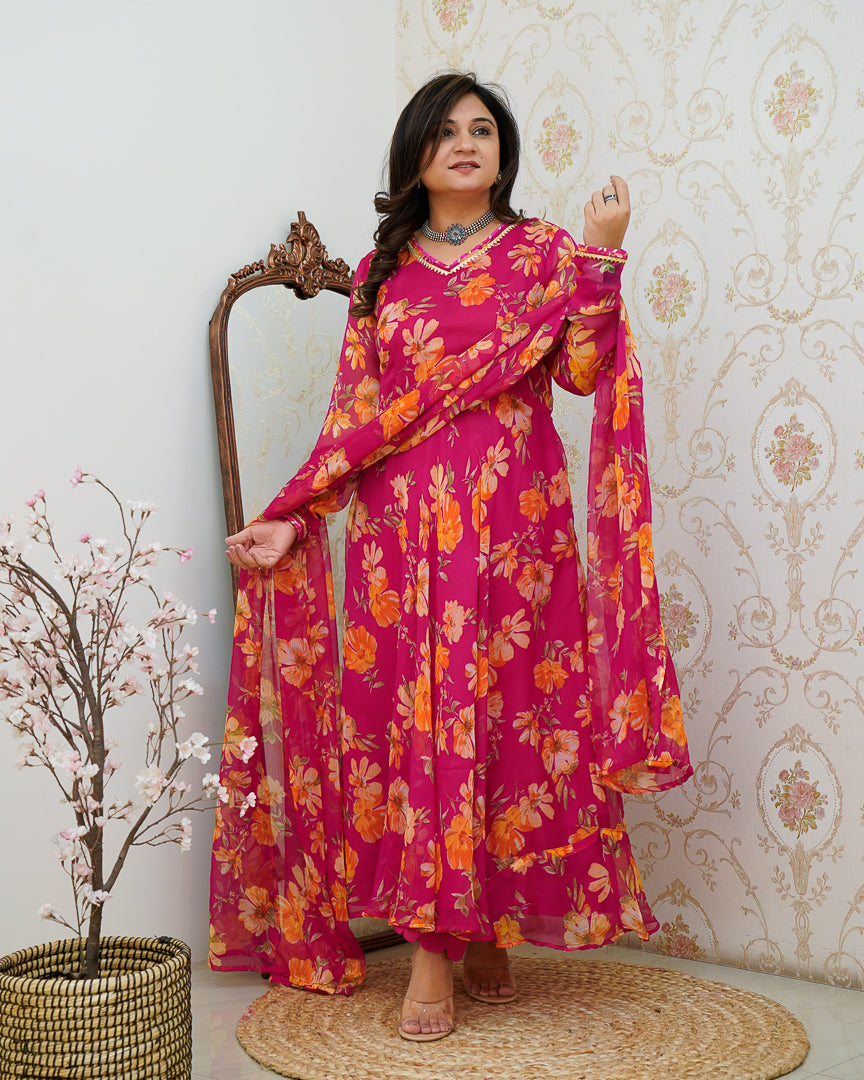 Pink Poppy Floral Chiffon Anarkali Set - The Jaipur Studio