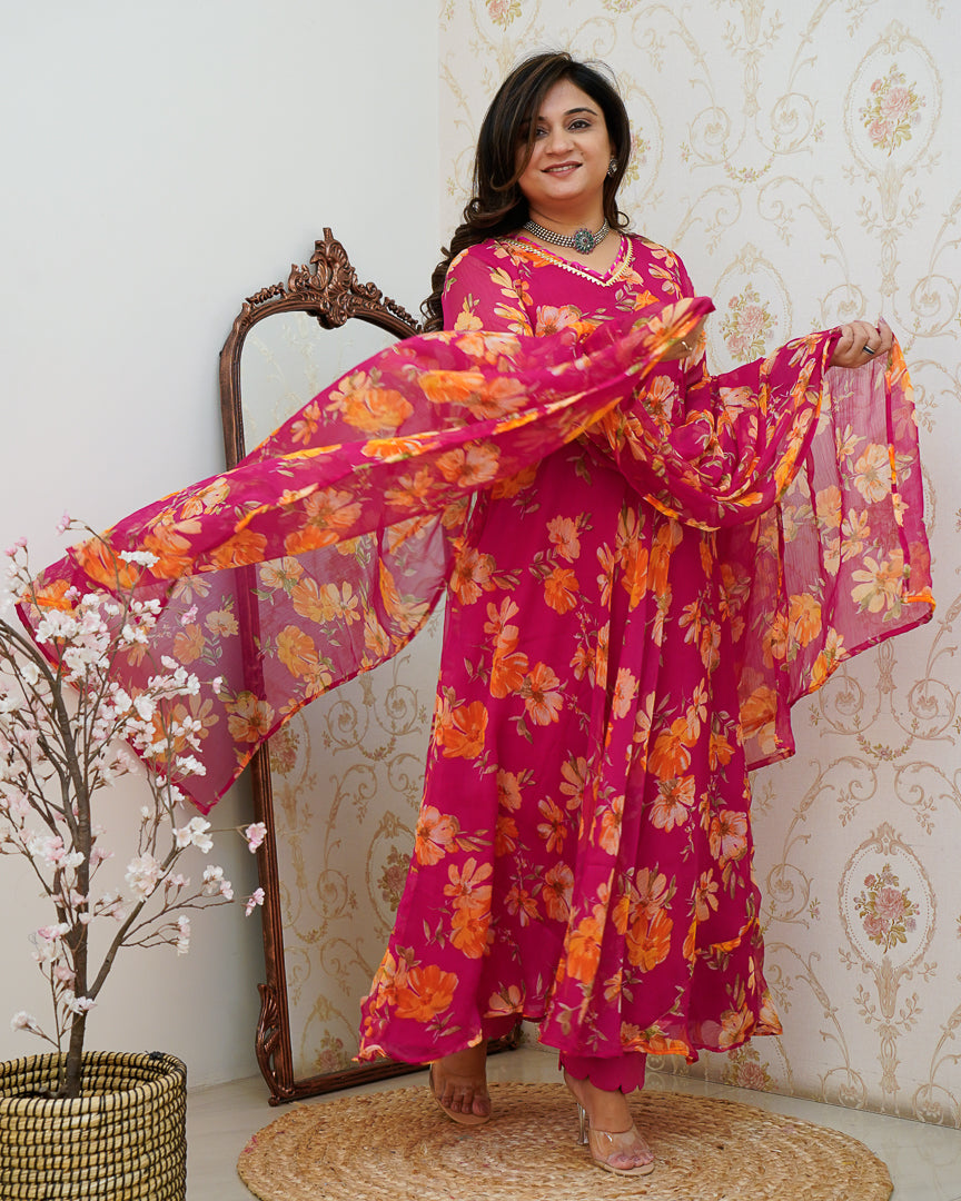 Pink Poppy Floral Chiffon Anarkali Set - The Jaipur Studio