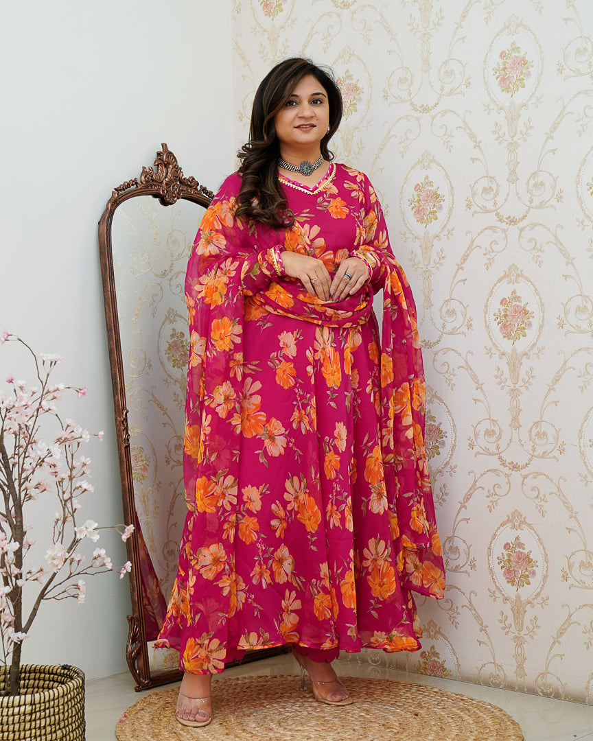 Pink Poppy Floral Chiffon Anarkali Set - The Jaipur Studio