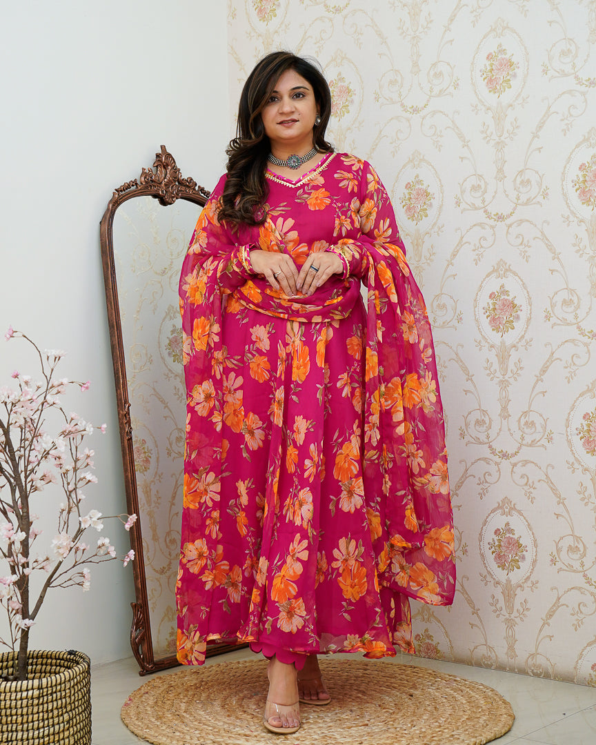 Pink Poppy Floral Chiffon Anarkali Set - The Jaipur Studio