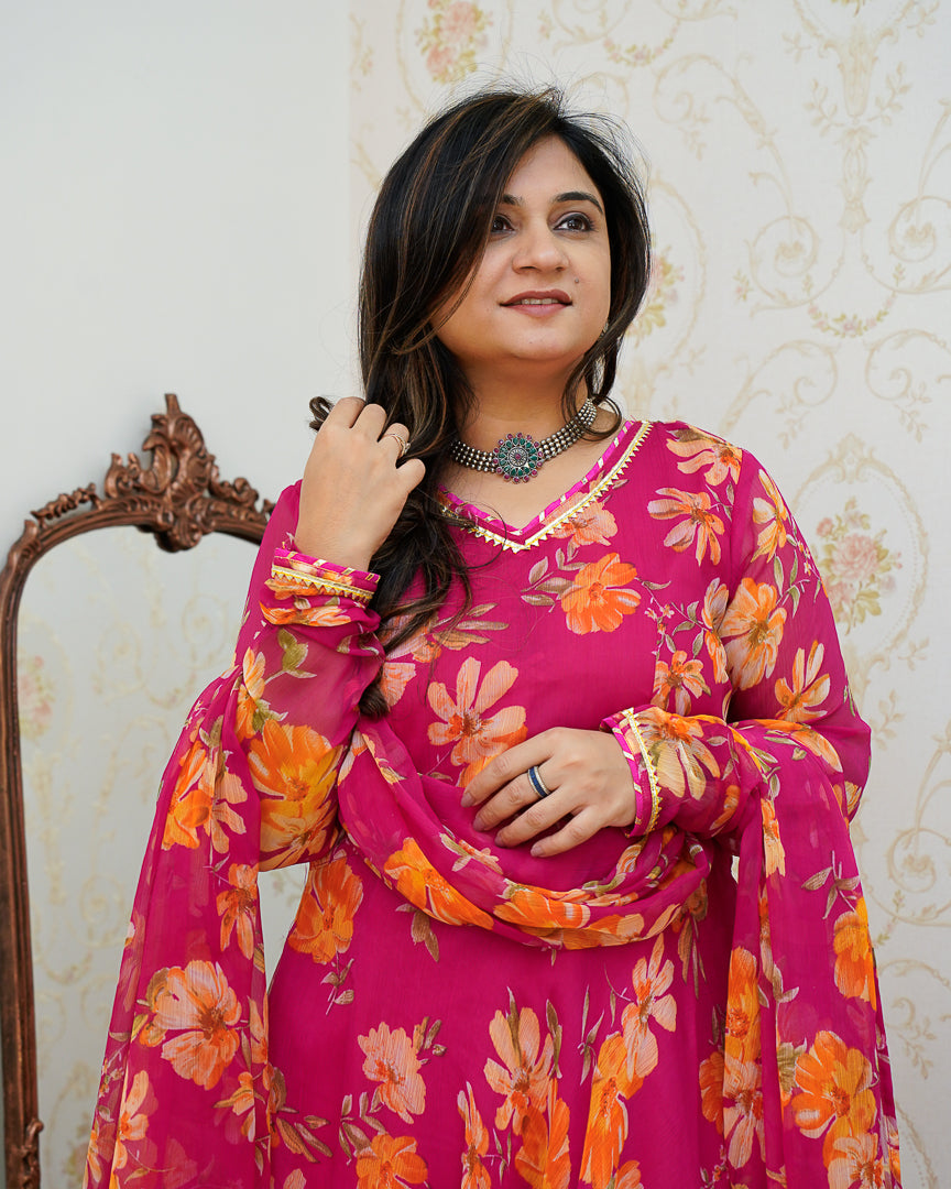 Pink Poppy Floral Chiffon Anarkali Set - The Jaipur Studio