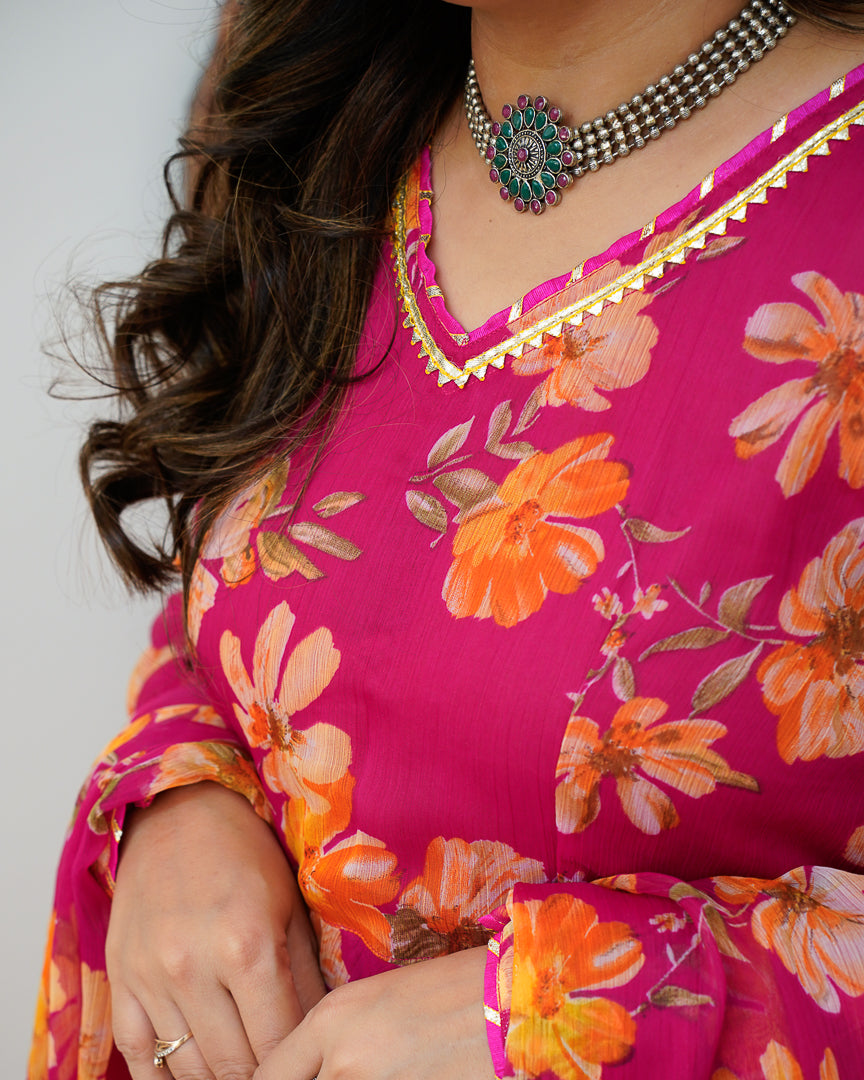 Pink Poppy Floral Chiffon Anarkali Set - The Jaipur Studio