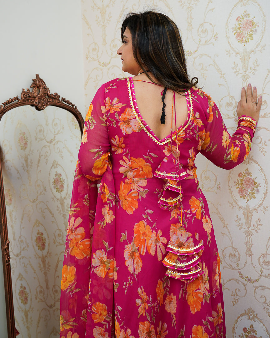 Pink Poppy Floral Chiffon Anarkali Set - The Jaipur Studio