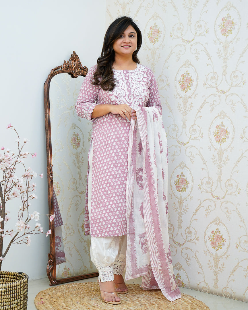Premium Cotton Handblock Lucknowi Afgani Set - The Jaipur Studio