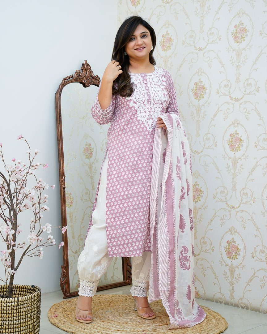 Premium Cotton Handblock Lucknowi Afgani Set - The Jaipur Studio