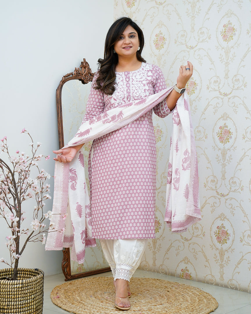 Premium Cotton Handblock Lucknowi Afgani Set - The Jaipur Studio