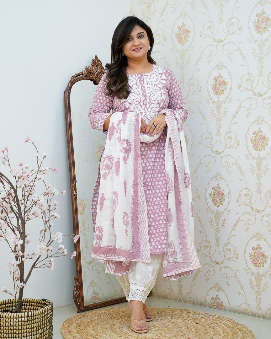 Premium Cotton Handblock Lucknowi Afgani Set - The Jaipur Studio