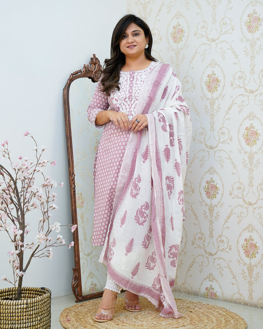 Premium Cotton Handblock Lucknowi Afgani Set - The Jaipur Studio