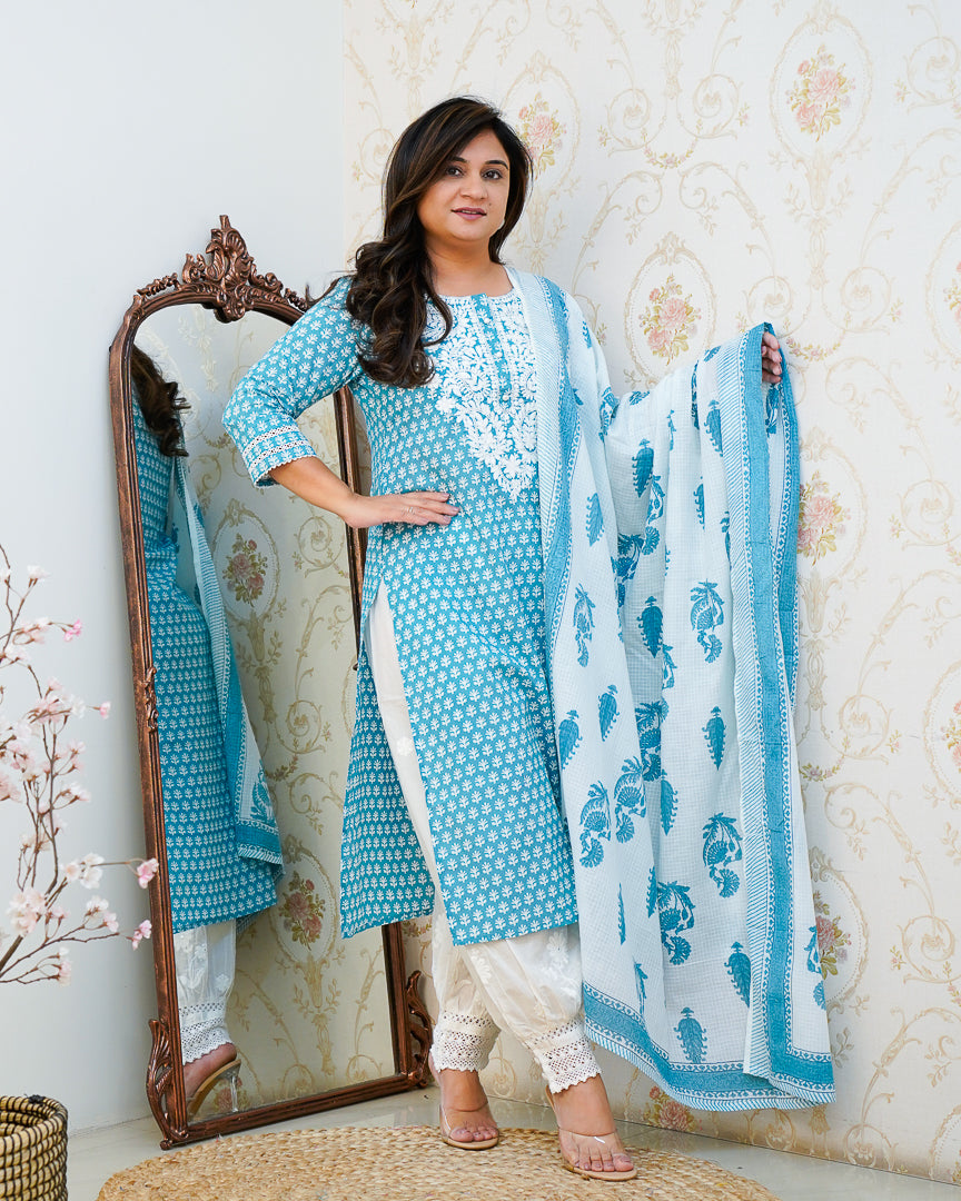Premium Cotton Handblock Lucknowi Afgani Set - The Jaipur Studio
